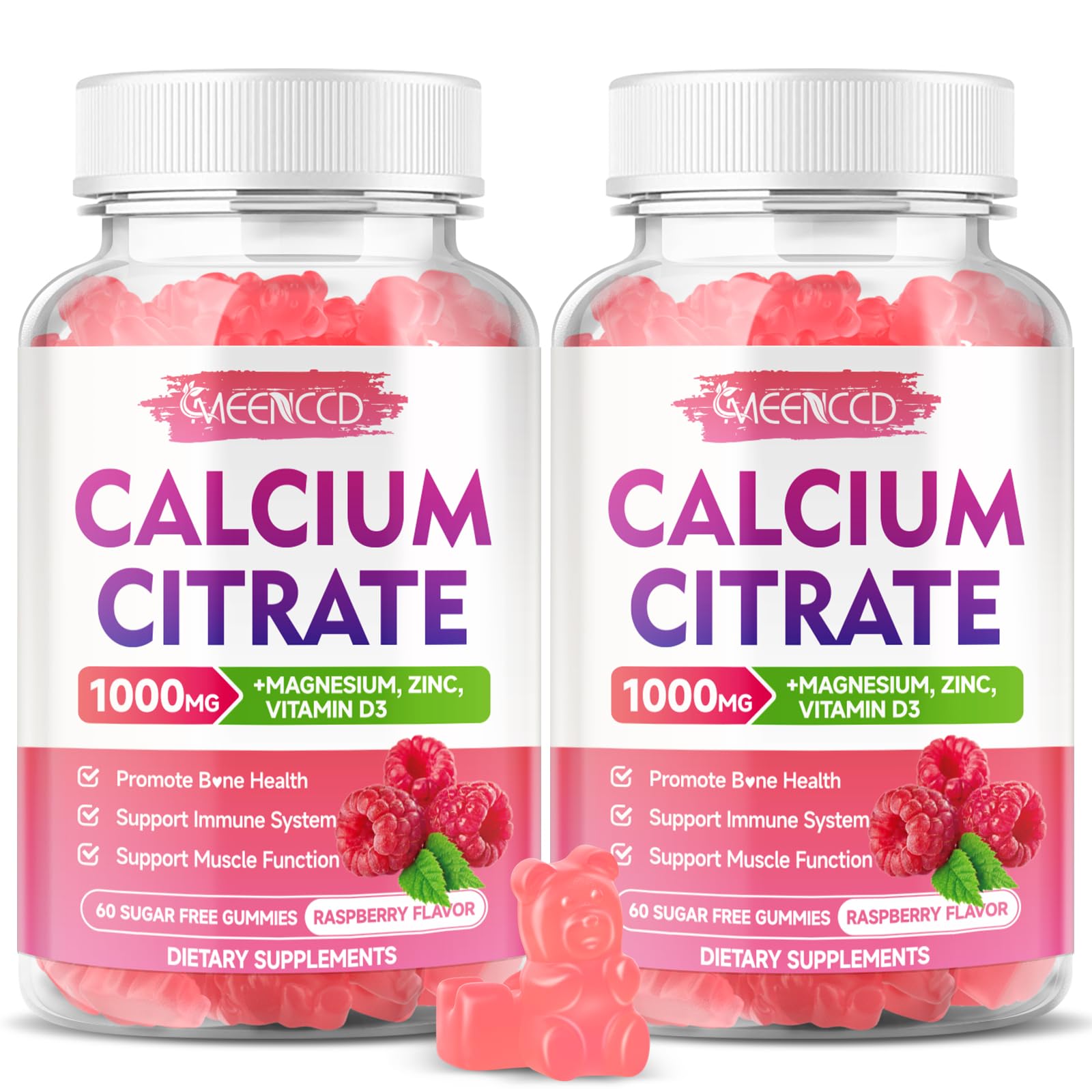 2 Pack Calcium Citrate Gummies 1000mg w/Vitamin D3, High Absorption Calcium Gummies for Women & Men, Plus Magnesium, Potassium, Zinc for Muscle & Immune, Raspberry Flavor, 120 Count