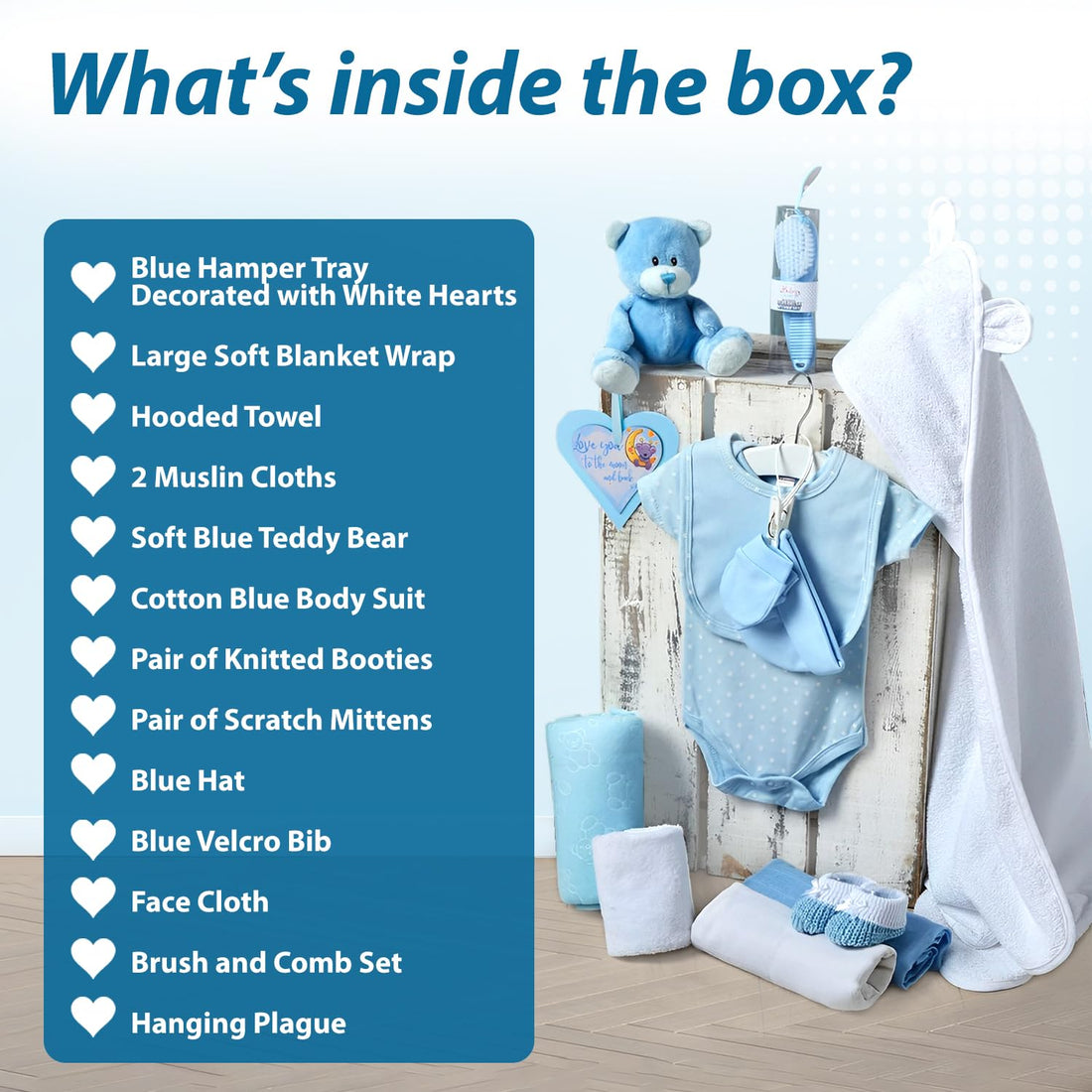Baby Box Shop Baby Boy Gift Basket for New Born Baby Boys - New Baby Boy Gift Set with Baby Boy Basket Gift Set - New Born Baby Boys Gift, Baby Gift Sets, Gift Baskets for New Parents (Blue)