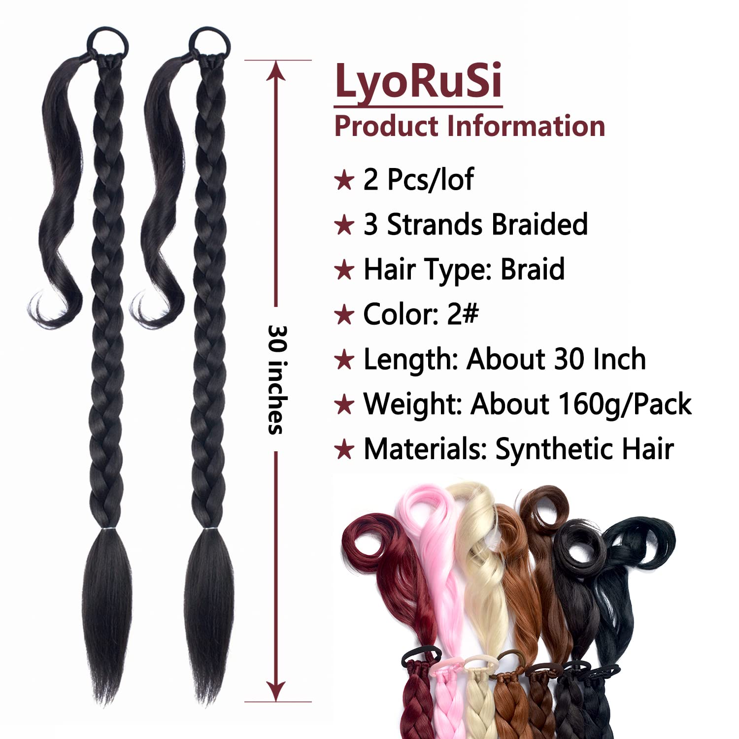 2 Pack Long DIY Braided Ponytail Extension with Hair Tie Straight Wrap Around Hair Extensions Ponytail(2#)