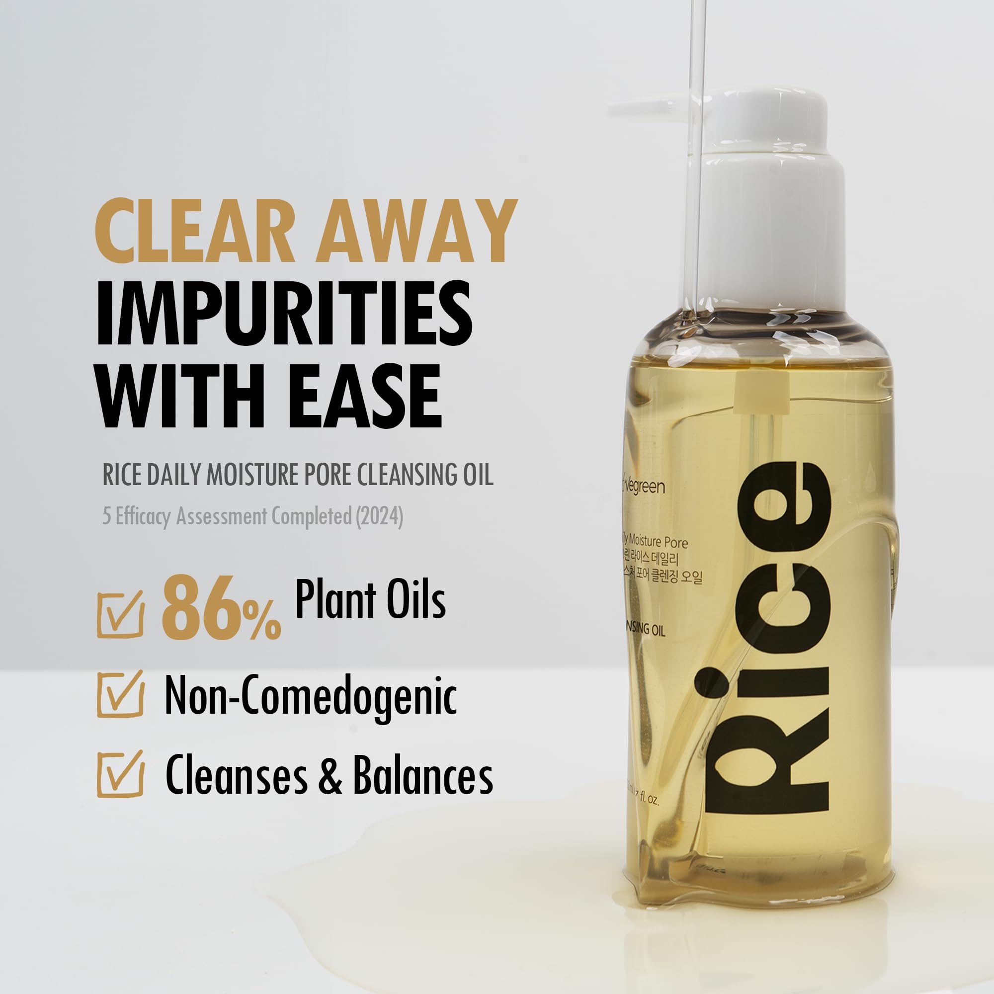 VEGREEN Rice Daily Moisture Pore Cleansing Oil | Korean Skin Care Oil Cleanser w/ 7 Raw Oil Complex | Gentle Face Cleanser for Oily Skin | Pore Control Cleansing Oil Makeup Remover (5.07 fl oz)