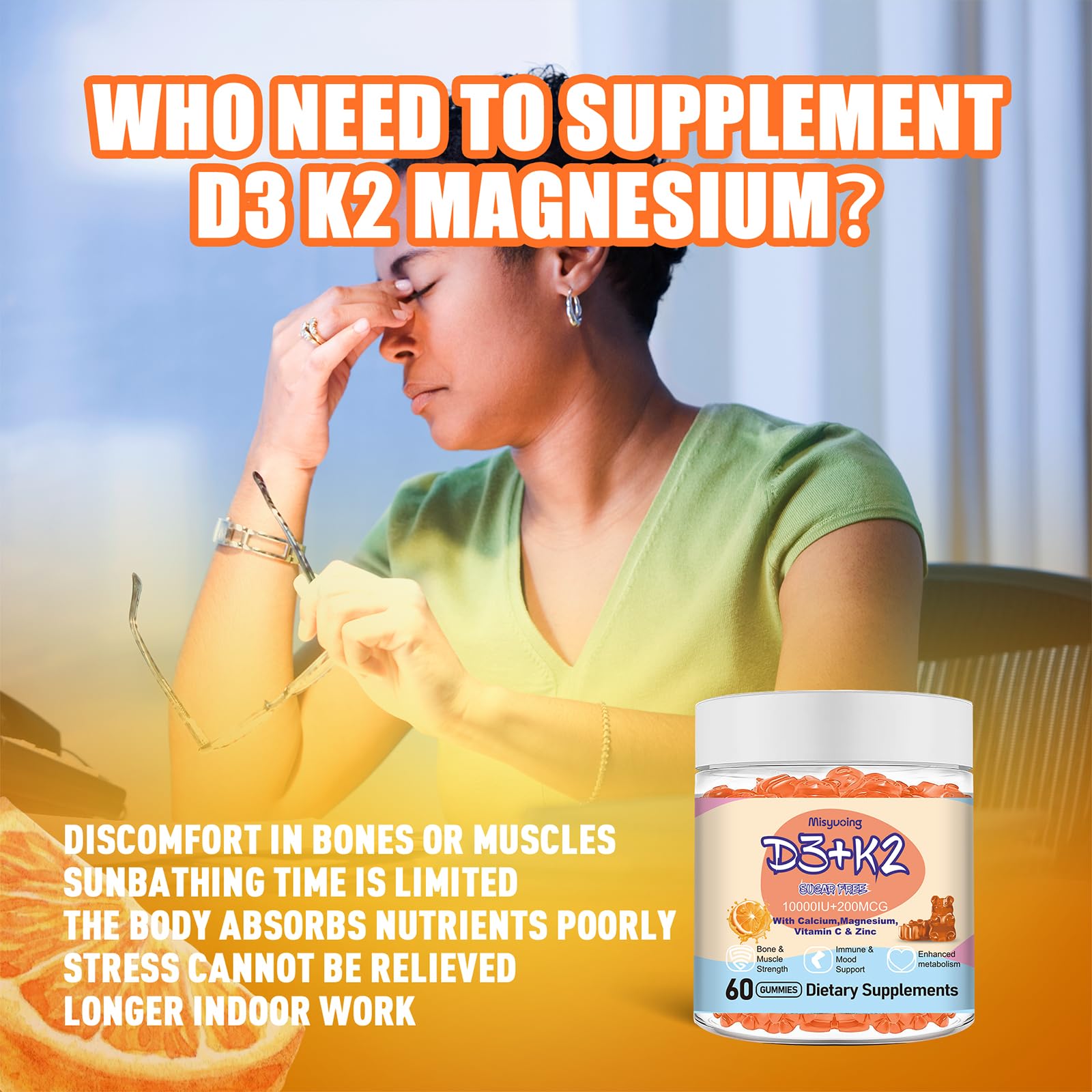 Misyvoing Vitamin D3 K2 Sugar-Free Gummies,Vitamin D3 10000 IU with K2 200mcg,VitaminC,Calcium,Magnesium,Zinc,Support for Bones,Joints,Muscles,Nerves,and Immune System