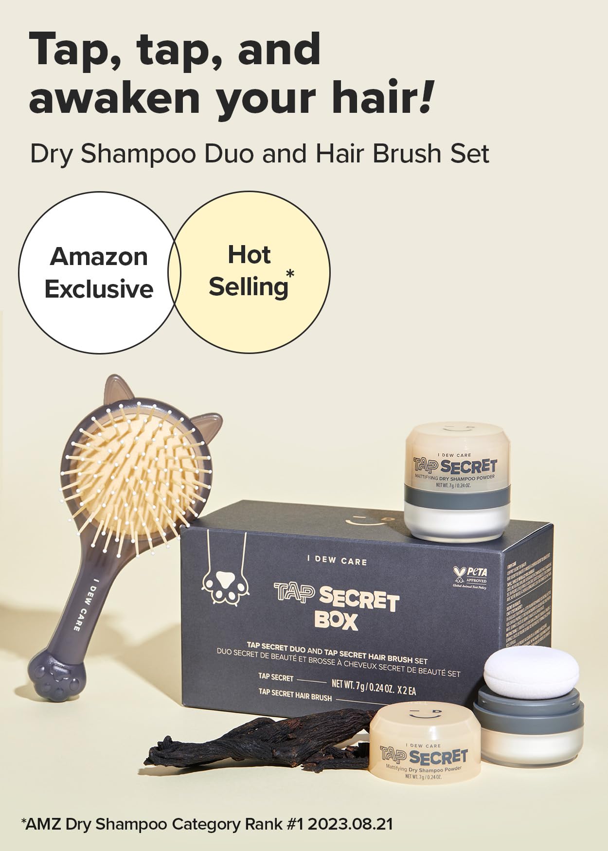 I DEW CARE Biotin Clarifying Dry Shampoo - Tap Secret Box | Fuller Looking Dry Shampoo, Non-aerosol, Benzene-free, Detangling Hair Brush, For All Hair Types - Women, Men & Wommen, Teens