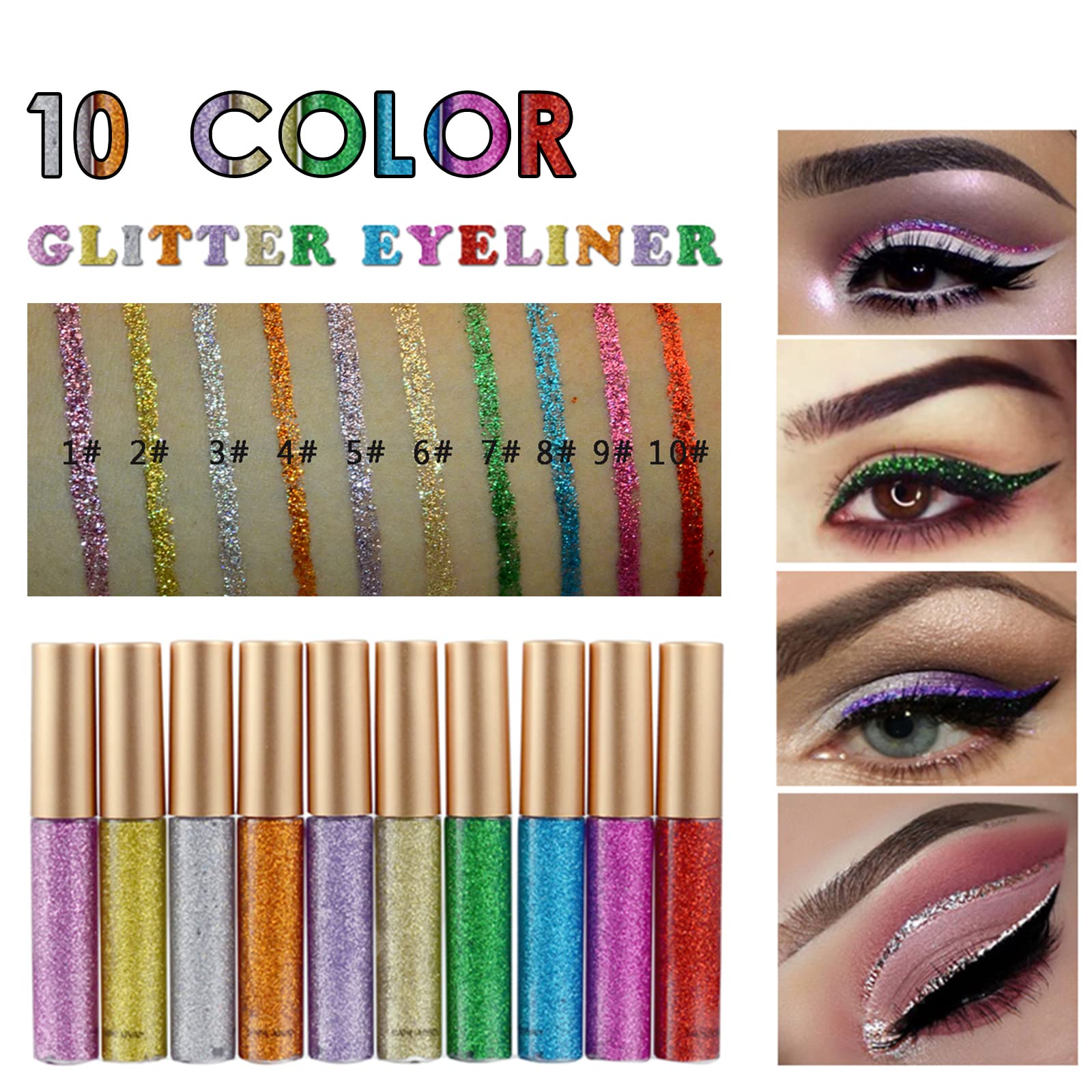 DekRion Glitter Eyeliner - Long-lasting Waterproof, High-pigmented Colorful Glitter Eyeliner Liquid in Silver, Gold, Pink, Green