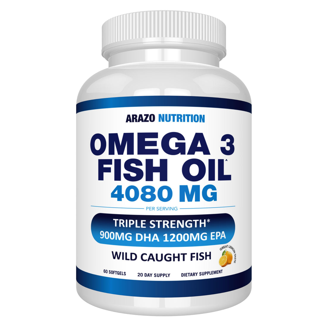 Arazo Nutrition Wild Caught Omega 3 Fish Oil – 60 Soft Gels – 4,080mg High EPA 1200mg DHA 900mg Lemon Flavor Burpless Softgels