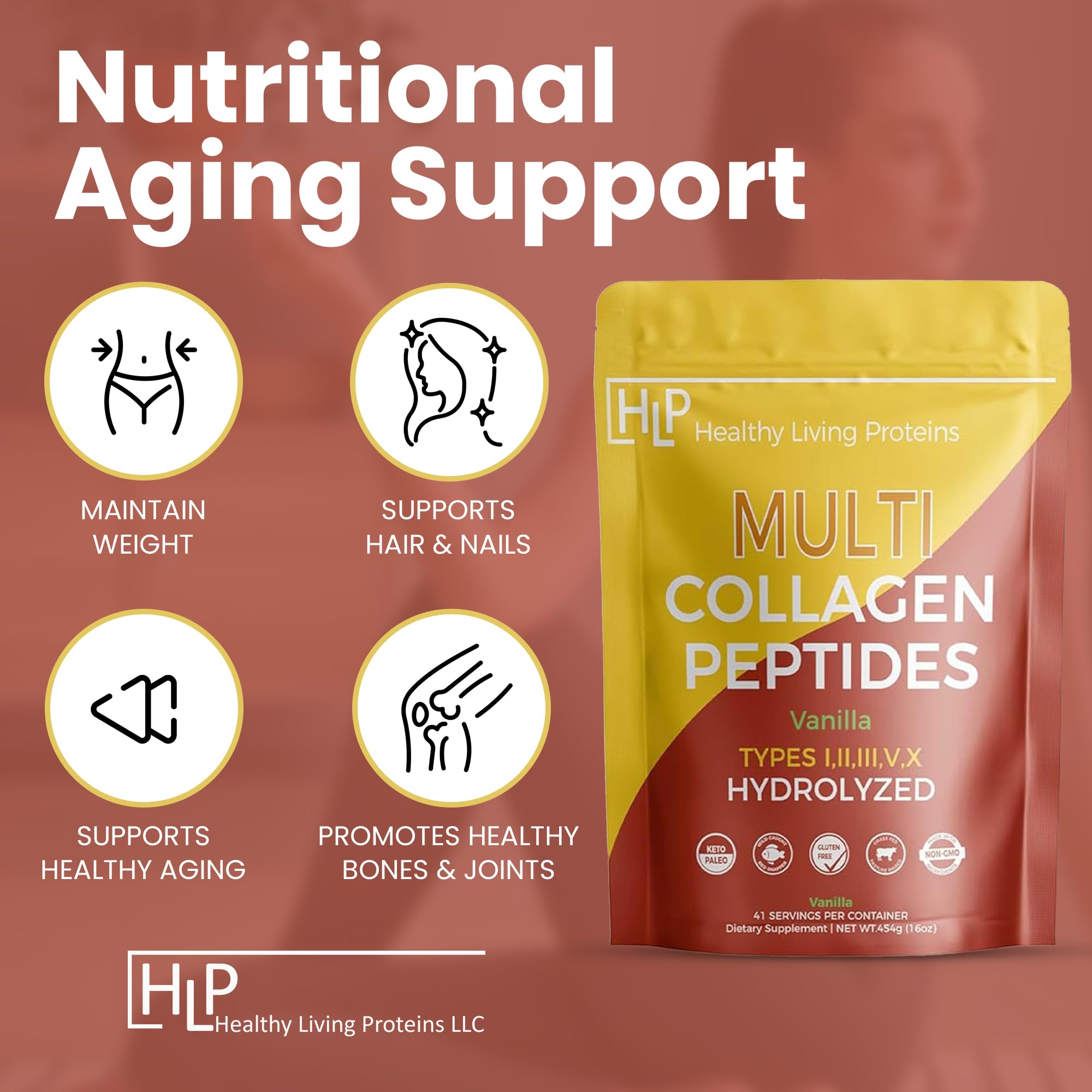 Healthy Living Proteins - Hydrolyzed Multi Collagen Peptides Powder Types I, II, III, V & X - Grass Fed Bovine, Wild Caught Marine, Free Range Chicken - Gluten Free (Vanilla, 16 oz)