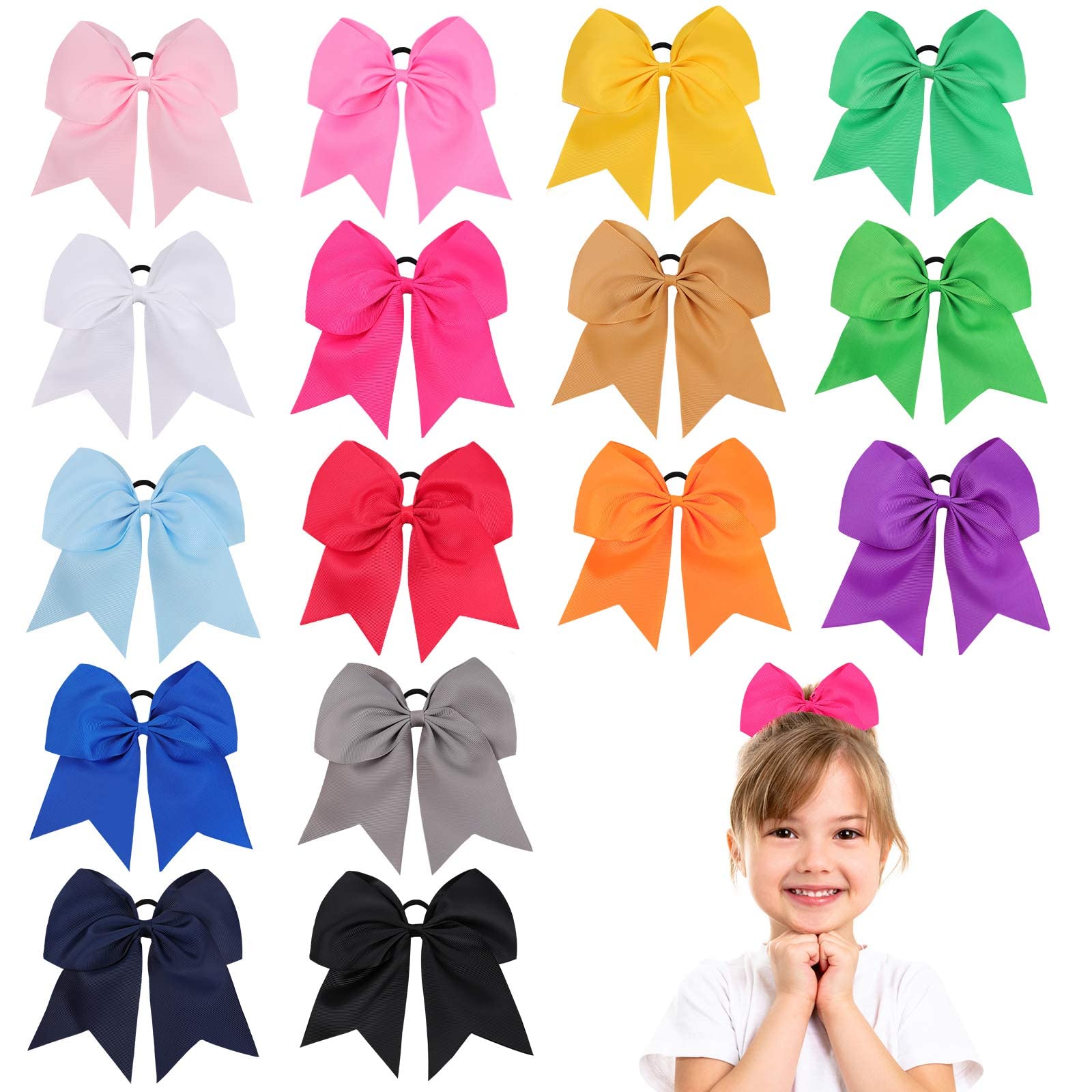 16PCS 8 Large Cheer Hair Bows Ponytail Holder Elastic Band Handmade for Cheerleading Teen Girls College Sports (Multi-colored, 1 Count (Pack of 16))