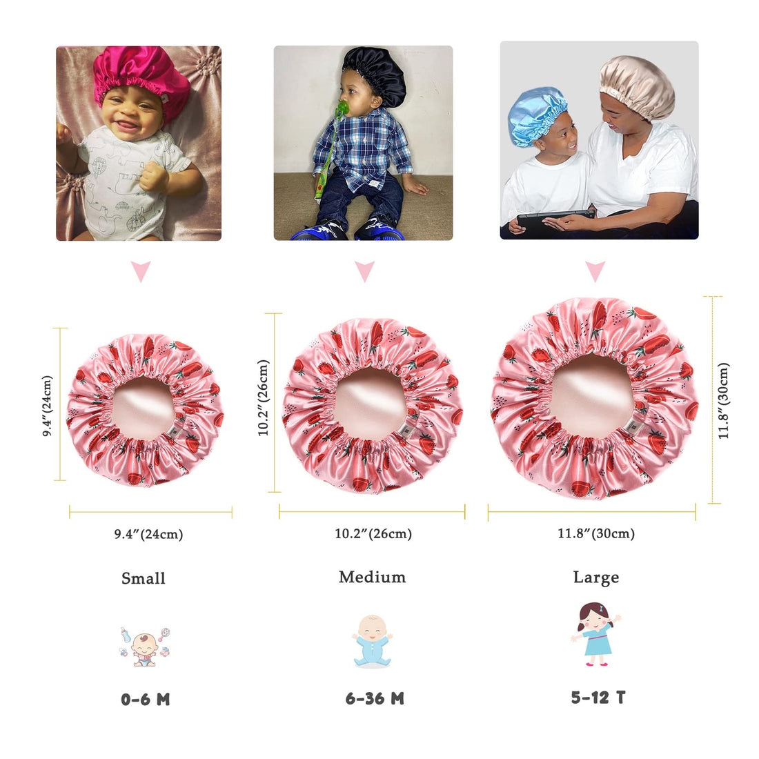 YANIBEST Baby Satin Bonnet Sleep Cap - Double Layer Reversible Adjustable Silky Satin Cap for Infant Toddler(6-36Months,Strawberry)