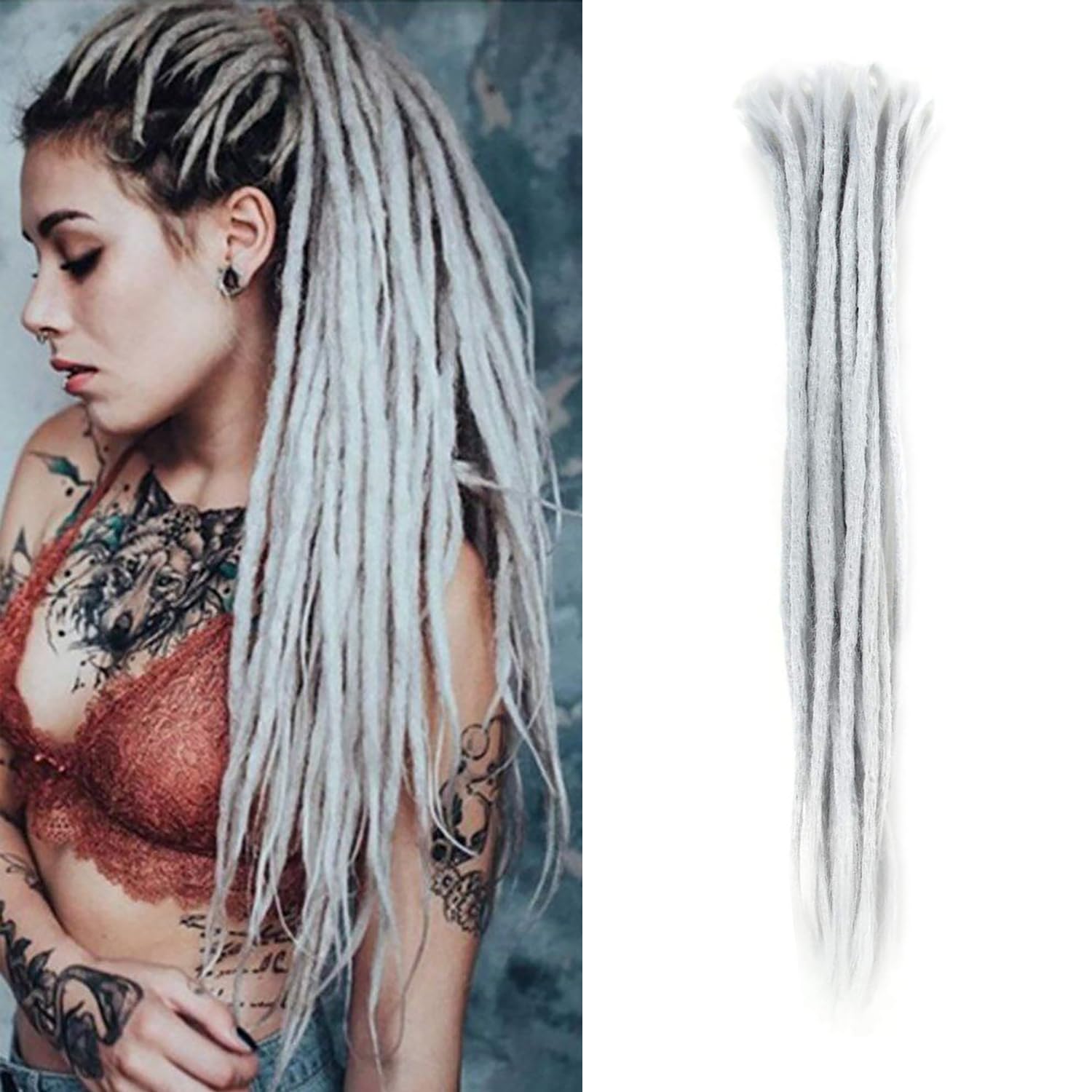 AOSOME 20inch Pack of 20 Crochet Dreadlock Hair Extensions Handmade Synthetic Hair Reggae Hair, Light Grey Color: Light Grey-20''