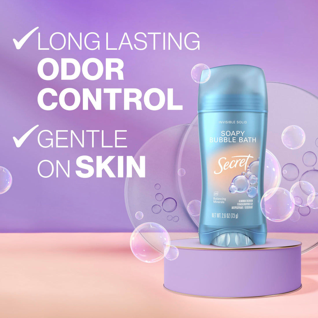 Secret Fresh Antiperspirant Deodorant for Women, 72hr Breathable Sweat & Odor Protection, Instant Freshness & Gentle, PH Balancing Minerals, Invisible Solid, Soapy Bubble Bath Scent, 2.6 oz