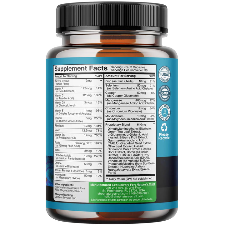 Nootropics Brain Support Supplement - Mental Focus Nootropic Memory Supplement for Brain Health & and Performance Blend, with Energy and Vitamins DMAE Bacopa and Phosphatidylserine Capsule