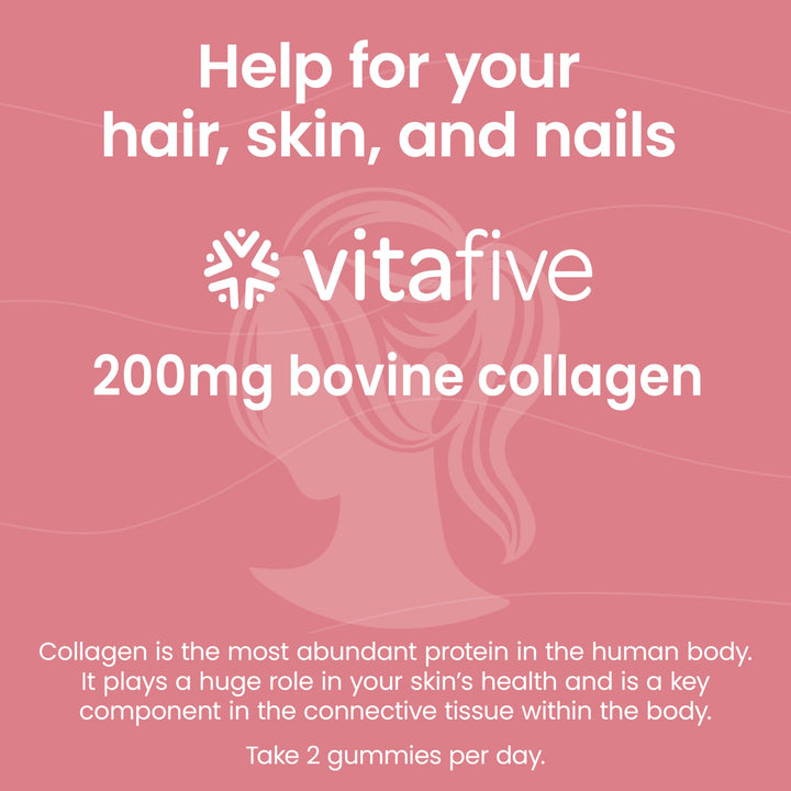 vitafive Collagen Gummies for Men and Women, Bovine Collagen, Collagen Gummy for Hair, Skin, and Connective Tissue Support, Gluten Free (50 Ct)