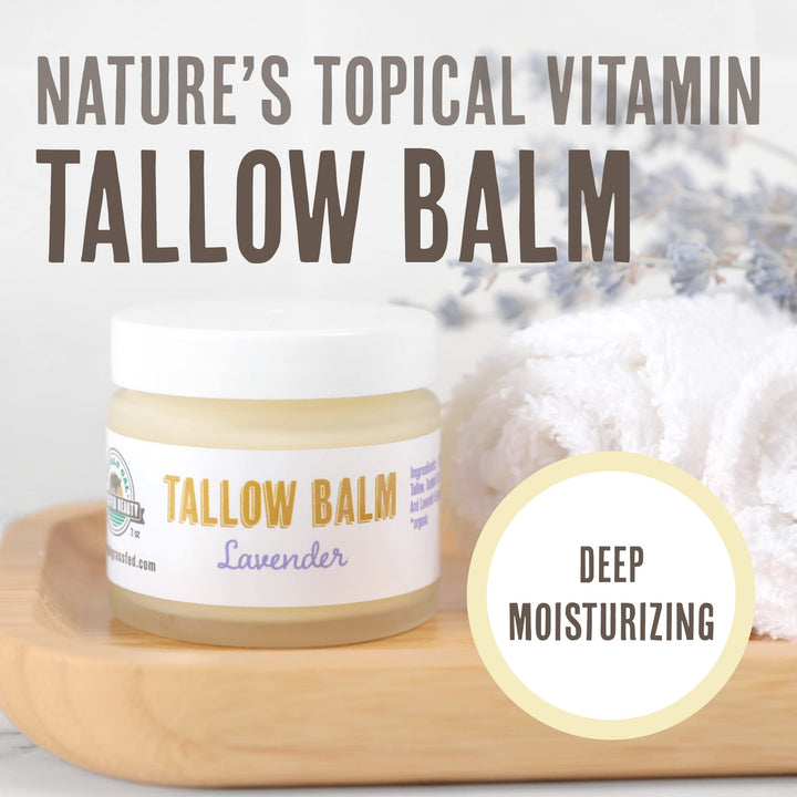 BUFFALO GAL Grassfed Beauty Regenerative Lavender Tallow Balm, Dry Rendered, Therapeutic Grade, Lab Tested Tallow Grass Fed, Superior Tallow Moisturizer for Face and Body, Organic Ingredients, 2 oz