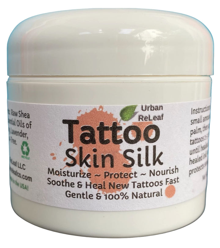 TATTOO SKIN SILK! Heal new tats fast! 100% NATURAL Rich Plant Butters. Balm Goo Ointment, 2 oz Cream Lotion Abrasions PROTECT! Earth's Finest Ingredients! Vegan. Feed your skin... rub it in! Organic Shea Butter, Coconut & Olive Oil, Soywax, Rosemary,