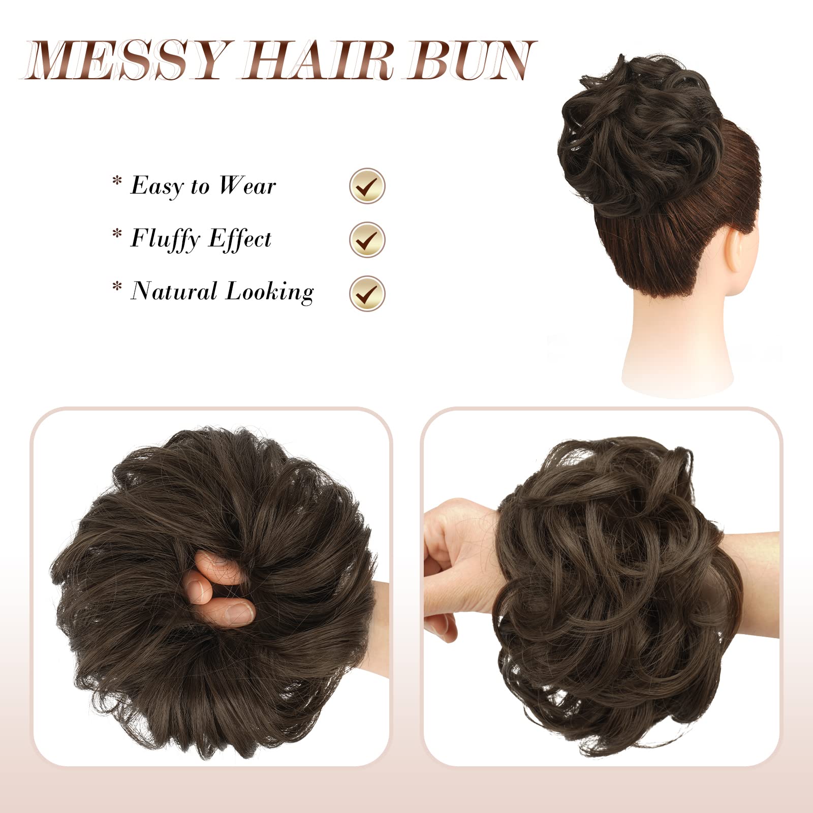 FESHFEN Messy Bun Hair Piece - Elastic Wavy Curly Hair Bun Scrunchies Extensions Synthetic Chignon Hairpieces for Women Girls, Medium Brown 1 PCS