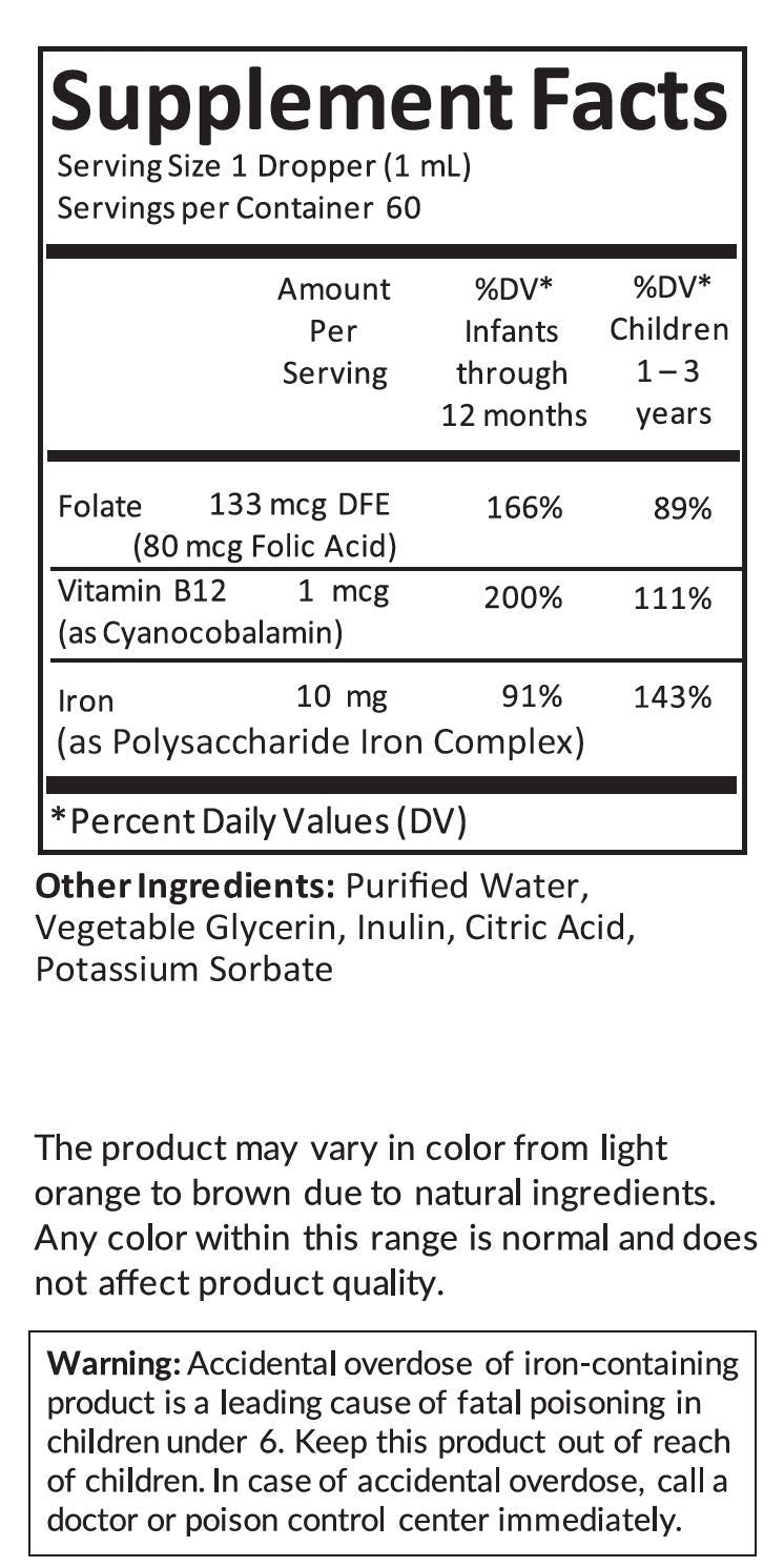 Kiddivit Baby Iron Liquid Drops with Vitamin B12 & Folate - 60 Daily Servings, 2 Fl Oz (60 mL) - Inulin Fortified (Prebiotic, Dietary Fiber) - Sugar Free, Gluten Free, Vegetarian Friendly