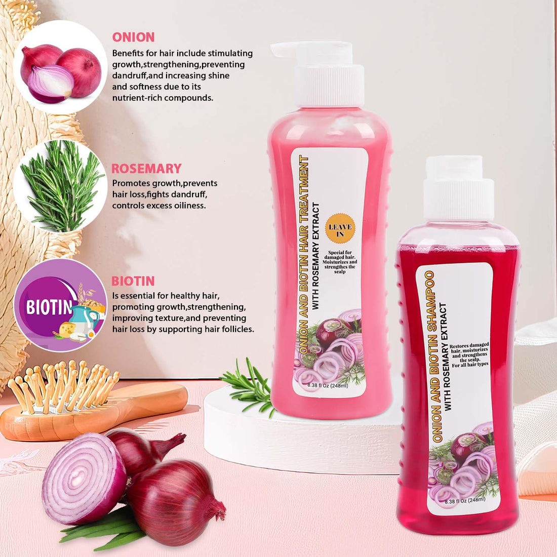 Onion And Biotin Hair Treatment 2 * 8.38 fl Oz, Onion Biotin and Rosemary Shampoo and Treatment Set, Silicone Free Shampoo and Treatment for All Hair Types Conditioner Hair Care