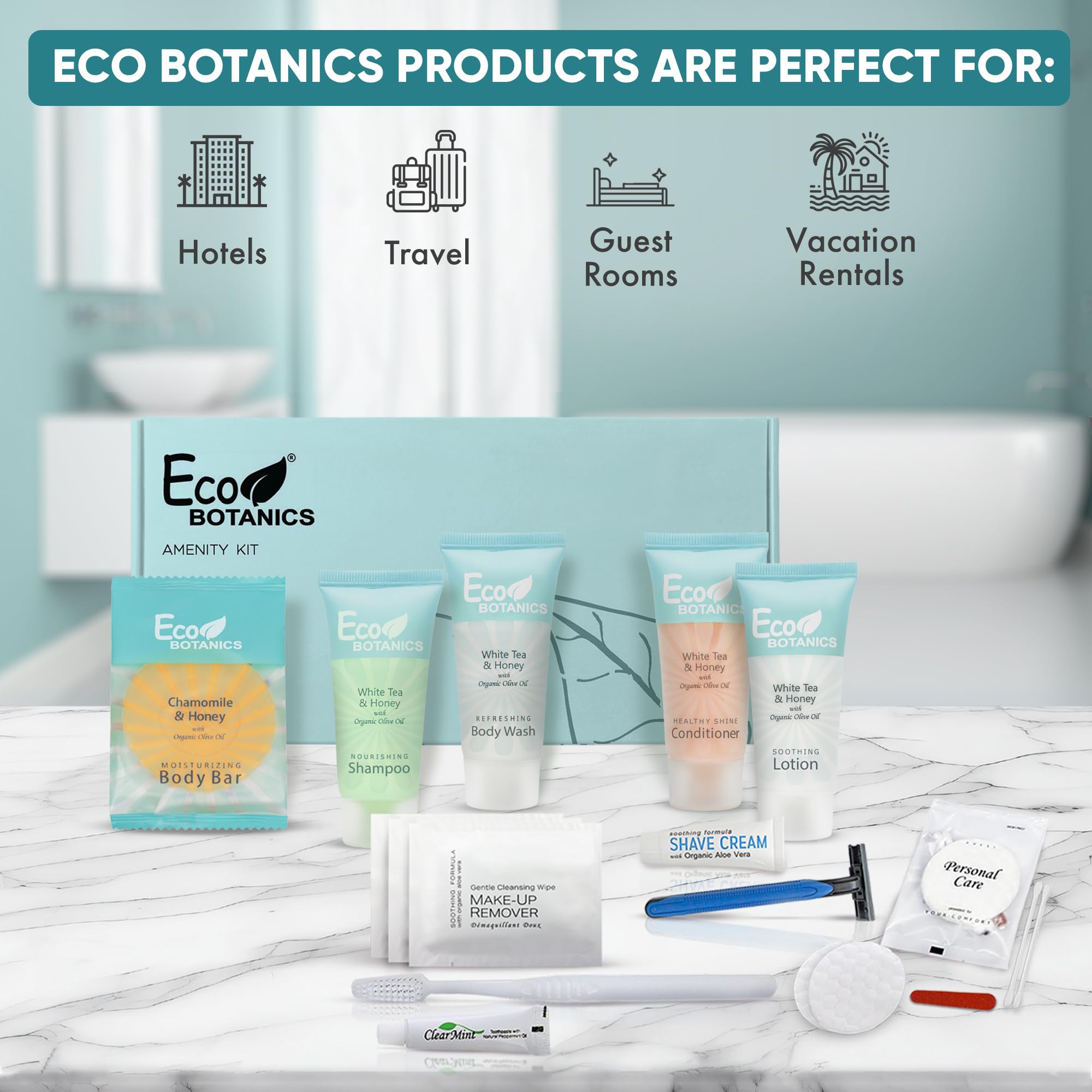 Eco Botanics Amenity & Accessory Kit | 0.85 oz Travel Size Shampoo, Conditioner, Lotion, Body Wash, Body Bar, Cleansing Bar, Shave & Dental Sets, Make-Up Remover Wipes, & Vanity Kit | 1 set per case