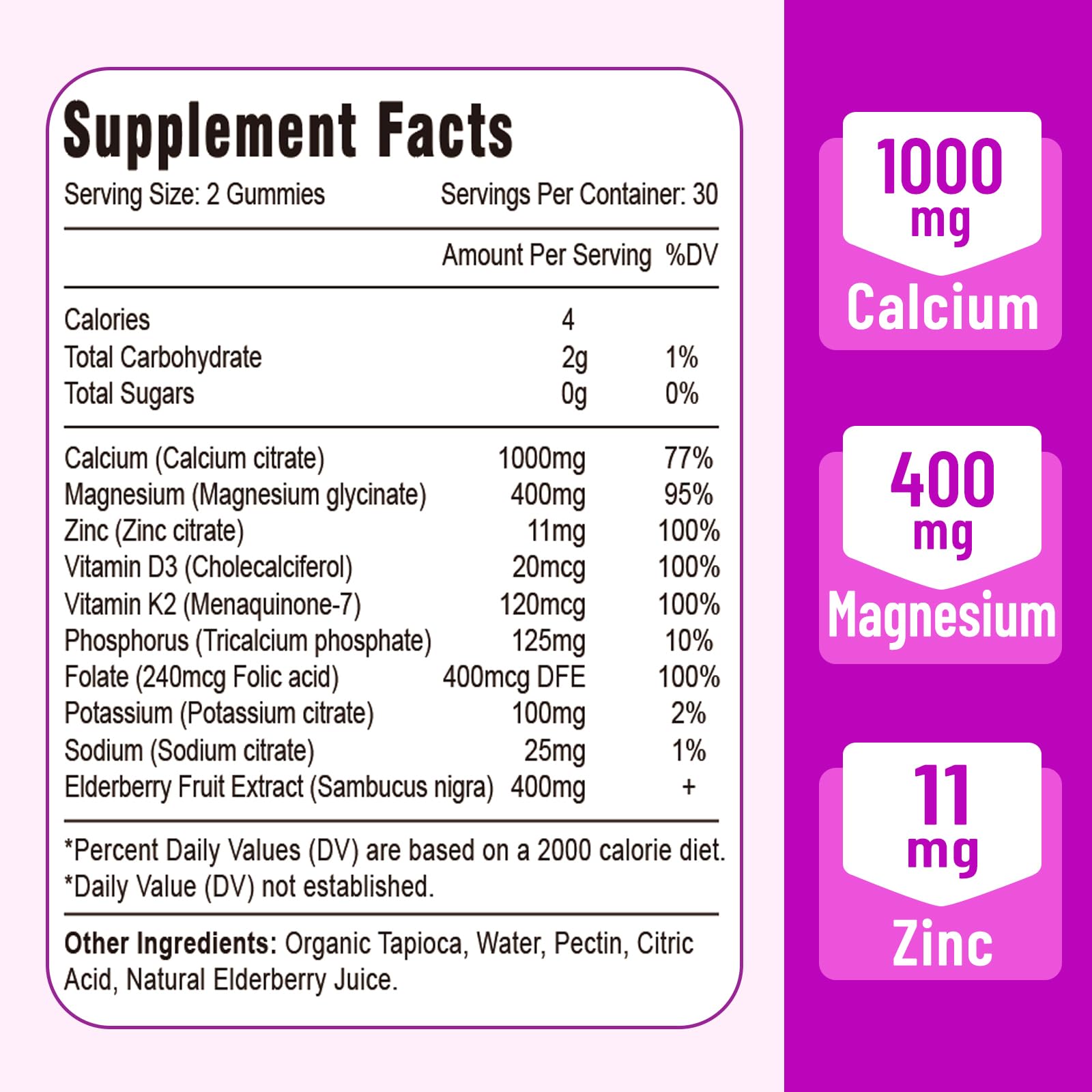 Calcium Magnesium Zinc Gummies with Vitamin D3 and K2, High Absorption Magnesium Glycinate Potassium for Immune and Muscles, Vegan Elderberry Flavor 120 Gummies