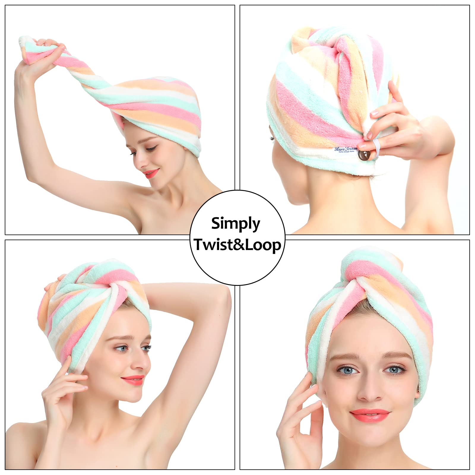 AuroTrends Microfiber Hair Turban,Hair Towel Wrap Turban, Unique Design, Rainbow (2 -Pack)