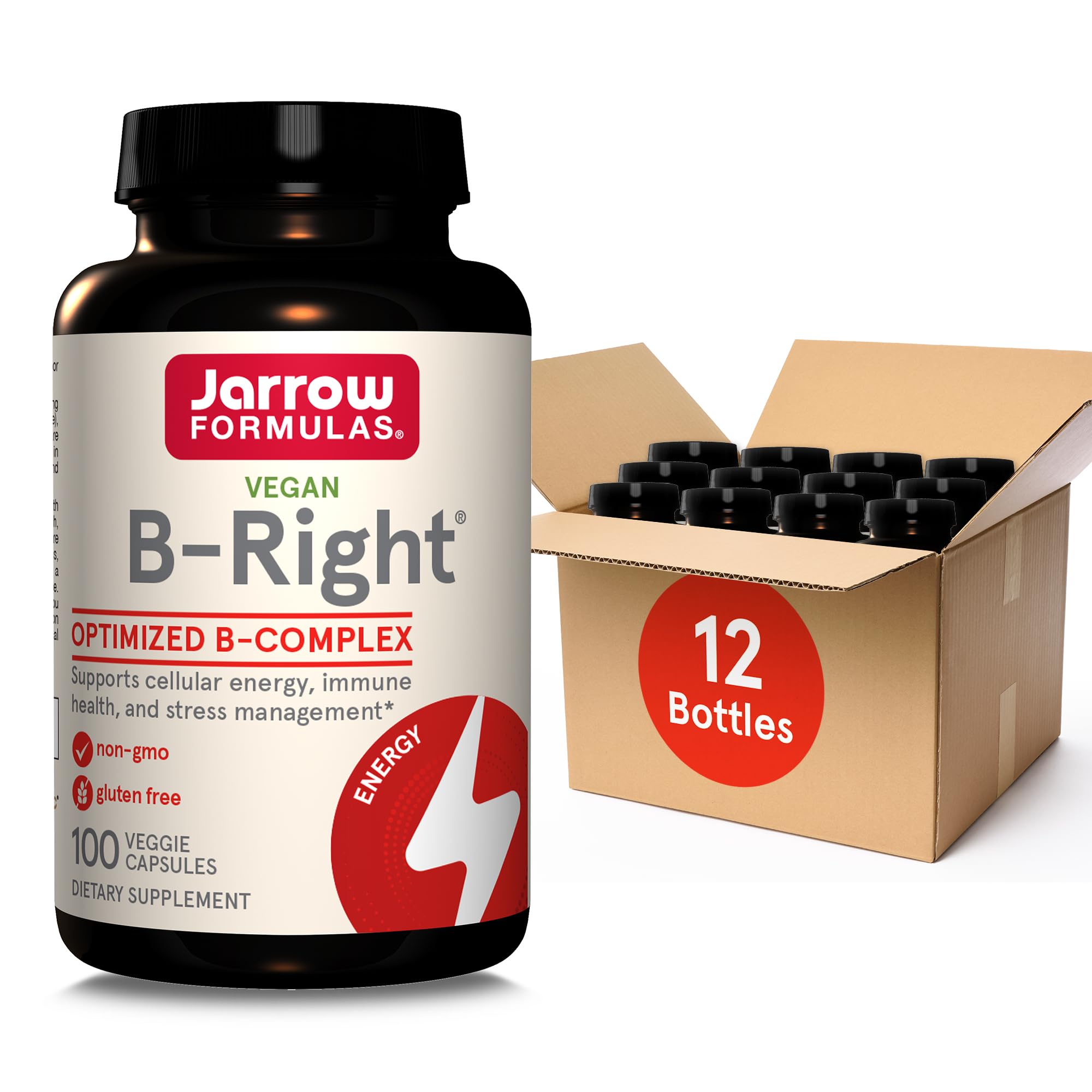 Jarrow Formulas B-Right,Optimized B Complex Featuring Vit B1,B2,B5,B6,B12 and B9 to Support Cellular Energy,Immune Health and Stress Management,100 Veggie Caps,Up to a 100 Day Supply, Pack of 12