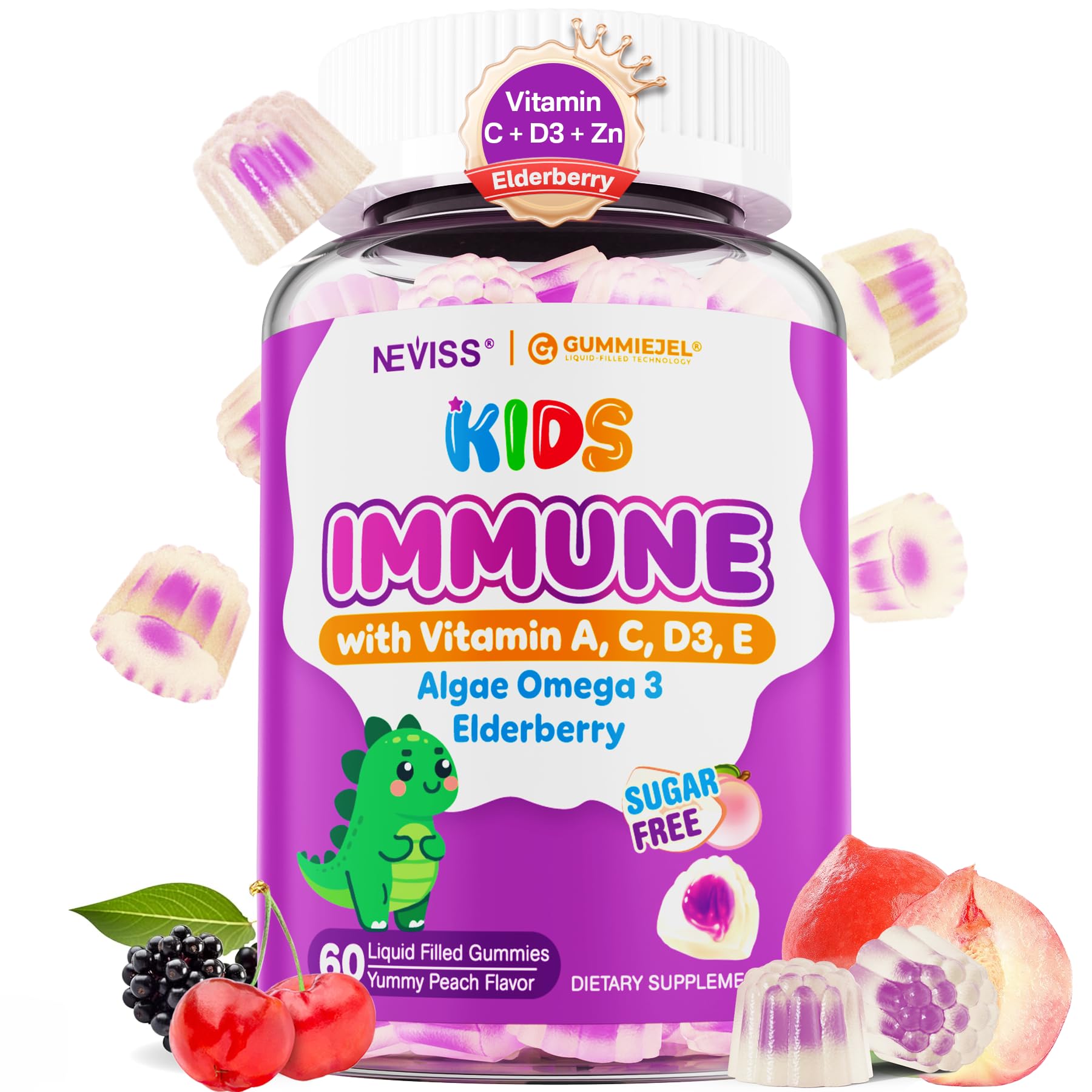 Kids Elderberry + Vitamin C D3 & Zinc Immune Support Gummies for 4+, Omega-3, Vitamin A, E, Childrens Multi Vitamins for Immunity, Bone Growth & Eye Health | Sugar Free, No Artificial Flavors, 60 CT