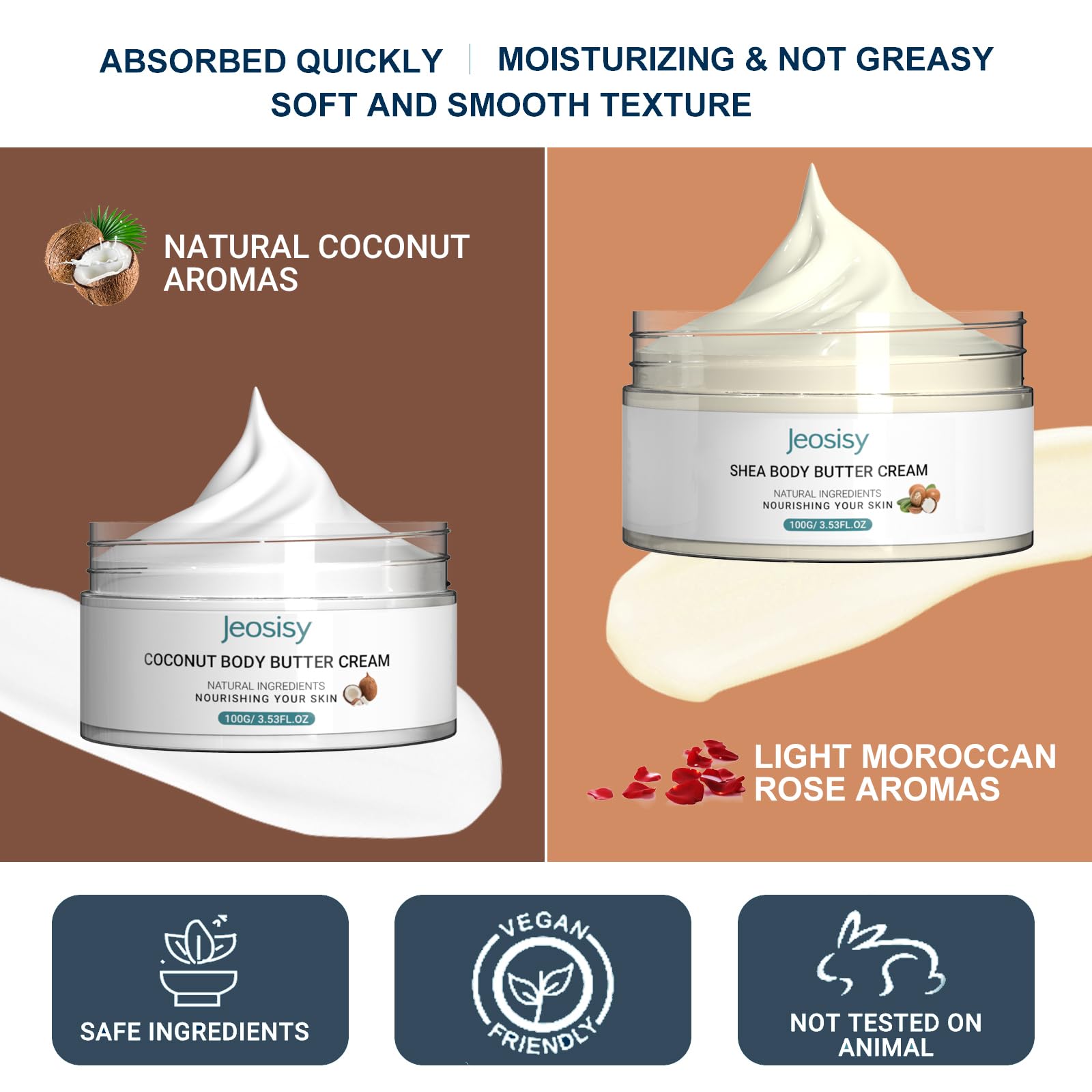 jeosisy Body Butter Set of 2 - Coconut Butter & Shea Butter for Dry Skin, After Sun Hydrating Nourishing Soothe Skincare Coconut Oil Moisturizing Gift for Women Girl Natural Scent,3.53oz*2