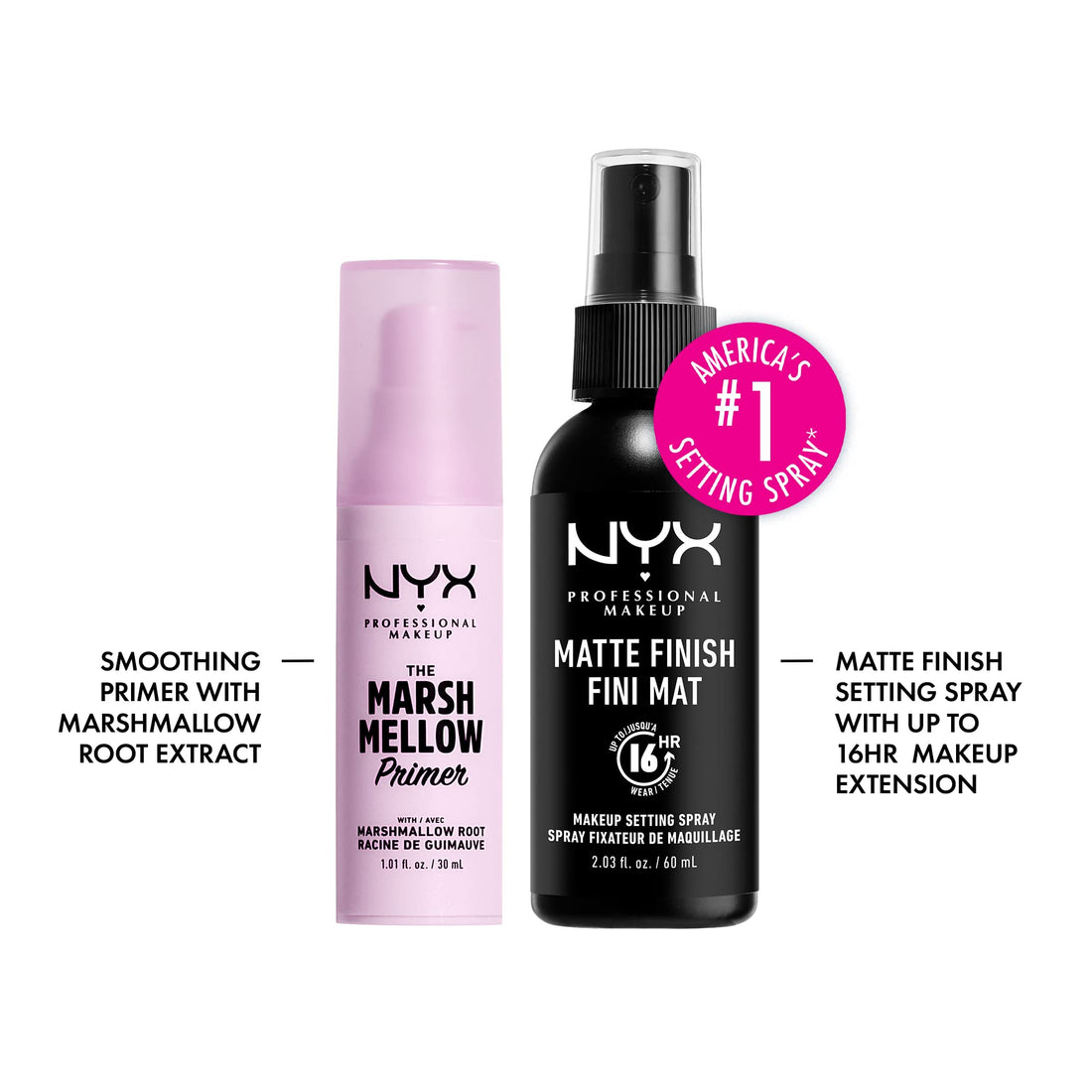 NYX PROFESSIONAL MAKEUP Marshmellow Smoothing Primer + Makeup Setting Spray, Matte Finish, Long-Lasting Face Mist for up to 16HR Wear (Pack of 2)
