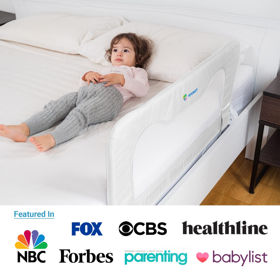 TotCraft Toddler Bed Rails Guard – Universal Baby & Children Bed Rail for Box Spring &slats – Kids Bed Rails for Toddlers for Twin, Double, Full Size Queen &King Bed - White (35.5L19.5H) in