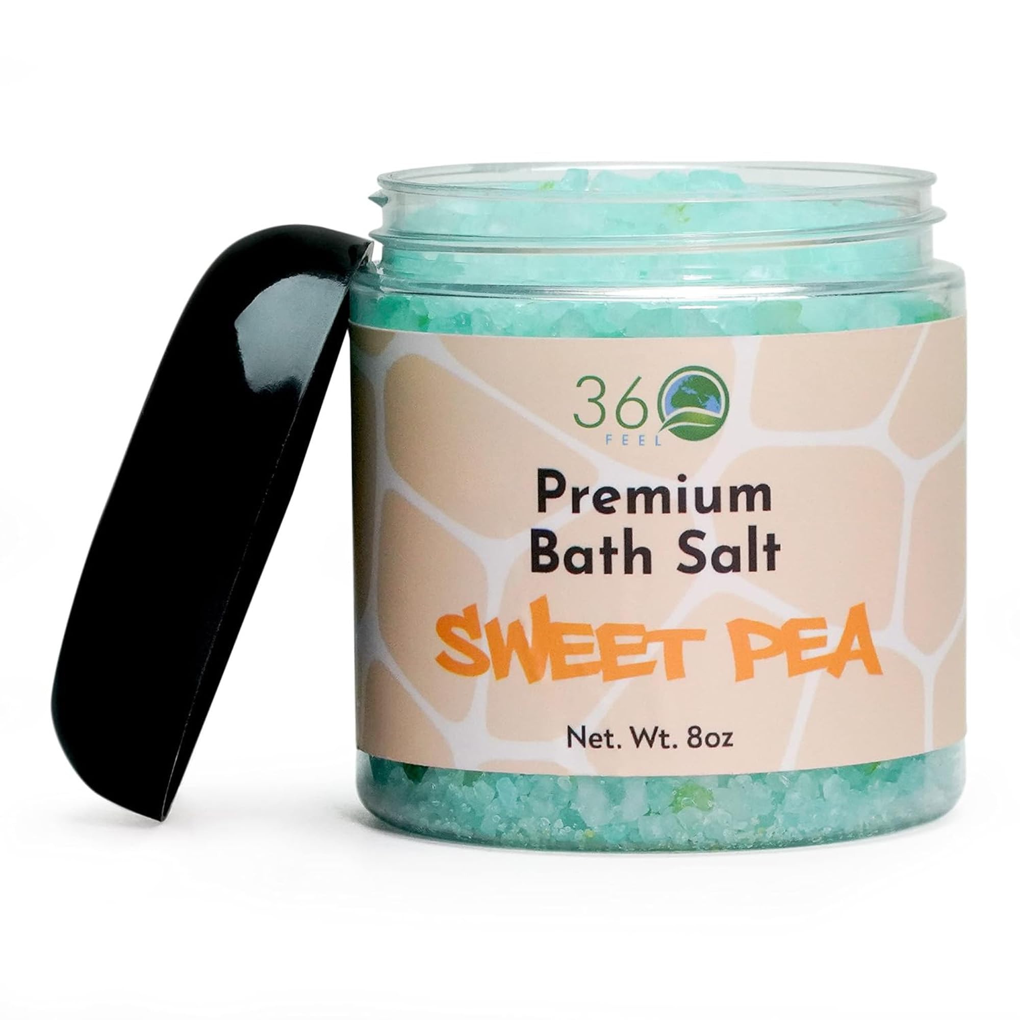 360Feel Sweet Pea Natural Bath Salt - Pure & Natural Body Scrub - Detox, Exfoliate, & Moisturize with Pure Ingredients - Alcohol & Sulfate Free Bath Soak - 8 Oz Jar