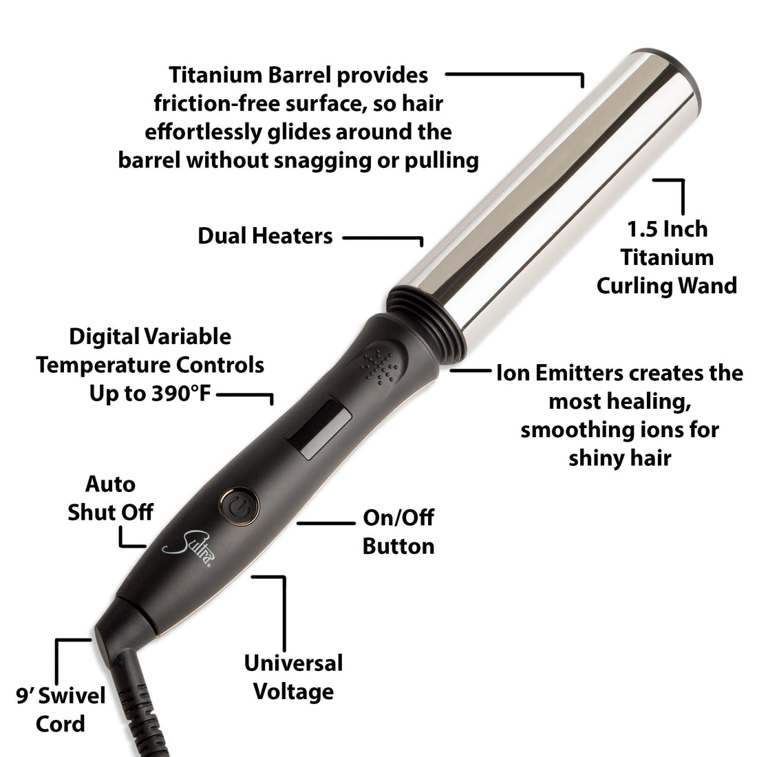 Sultra Titanium Ionic Clipless Curling Wand, 1.5 Inch
