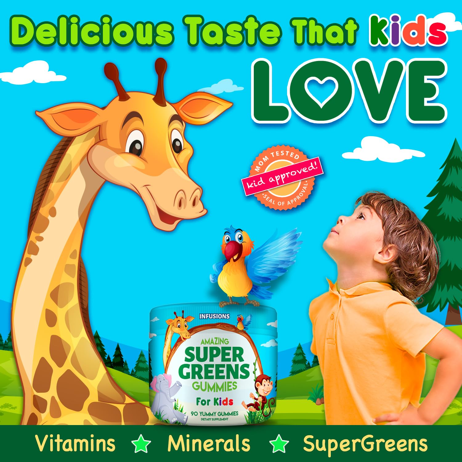 Infusions Super Green Gummies for Kids 90 Count Superfood Booster Soft and Delicious 8 Powerful Blends Vegan Friendly Gluten Free & Non-GMO