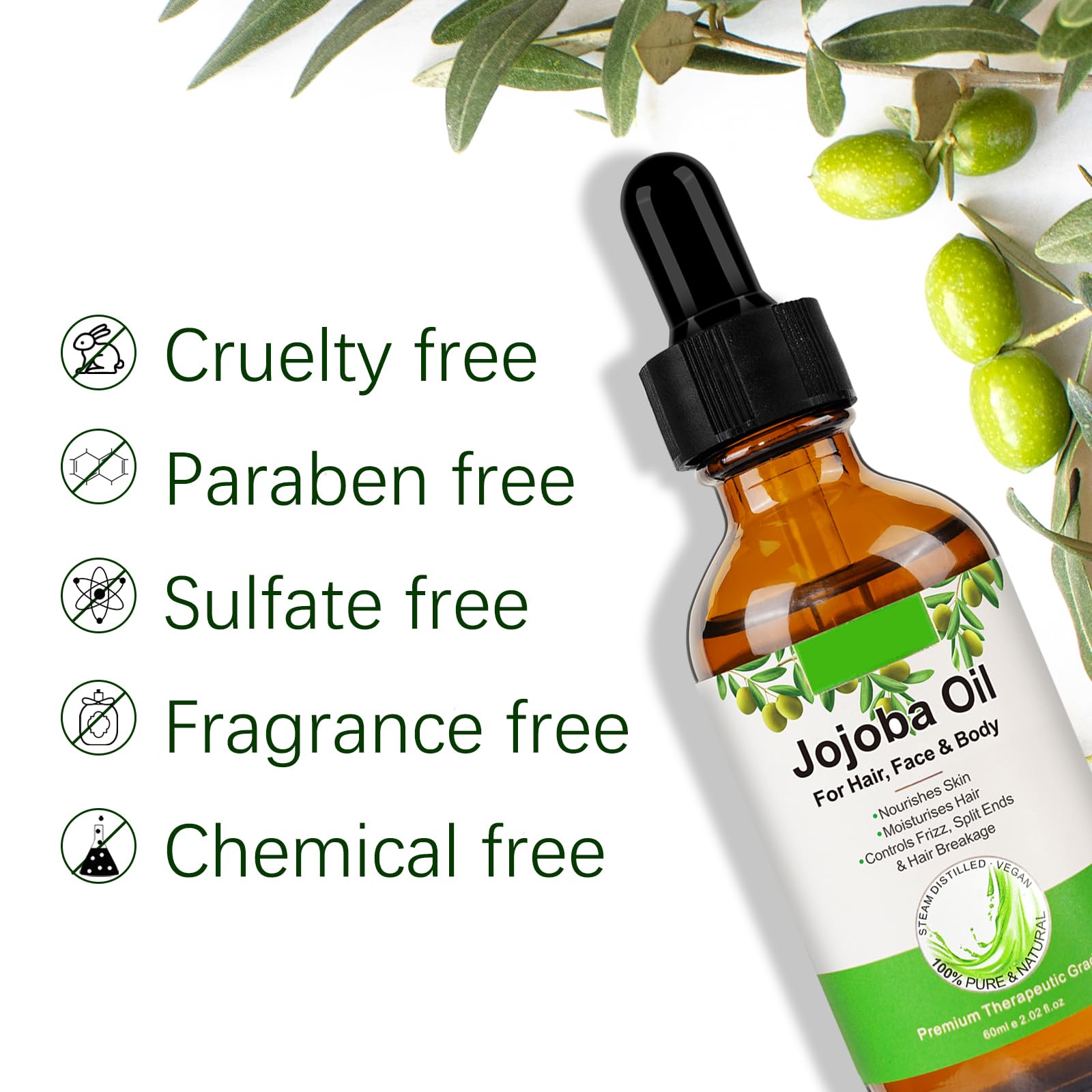 Valleylux Organic Jojoba Oil 60ml, 100% Pure & Natural Jojoba Oil for Hair, Face, Body & Nails, Moisturize Skin & Helps Fight Acne, Jojoba Oil Organic Cold Pressed Unrefined.(1Pack-2.02fl.oz)