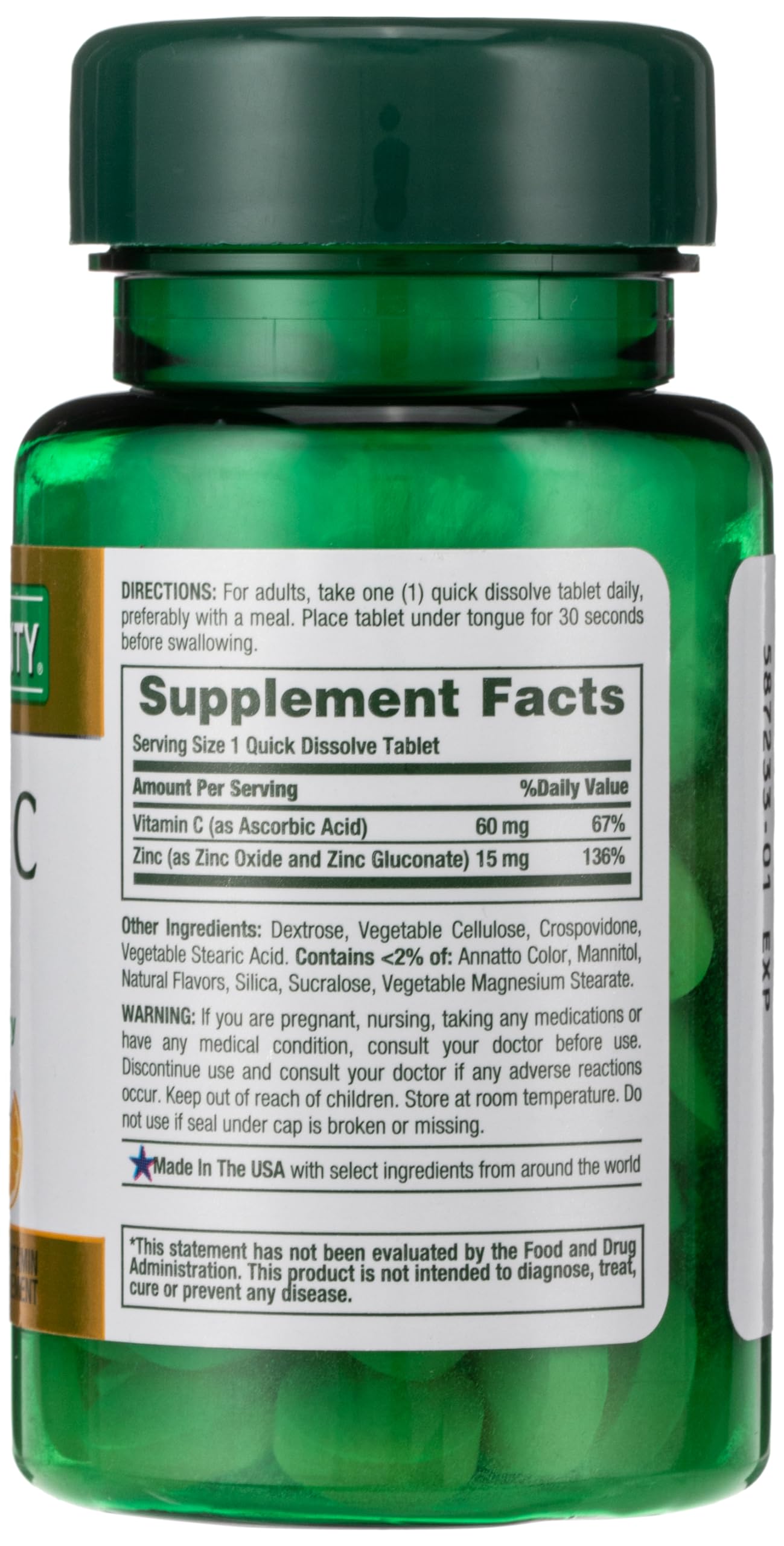 Vitamin C + Zinc by Nature's Bounty, Vitamin Supplement, Supports Immune Health, 60 mg, 60 Tablets