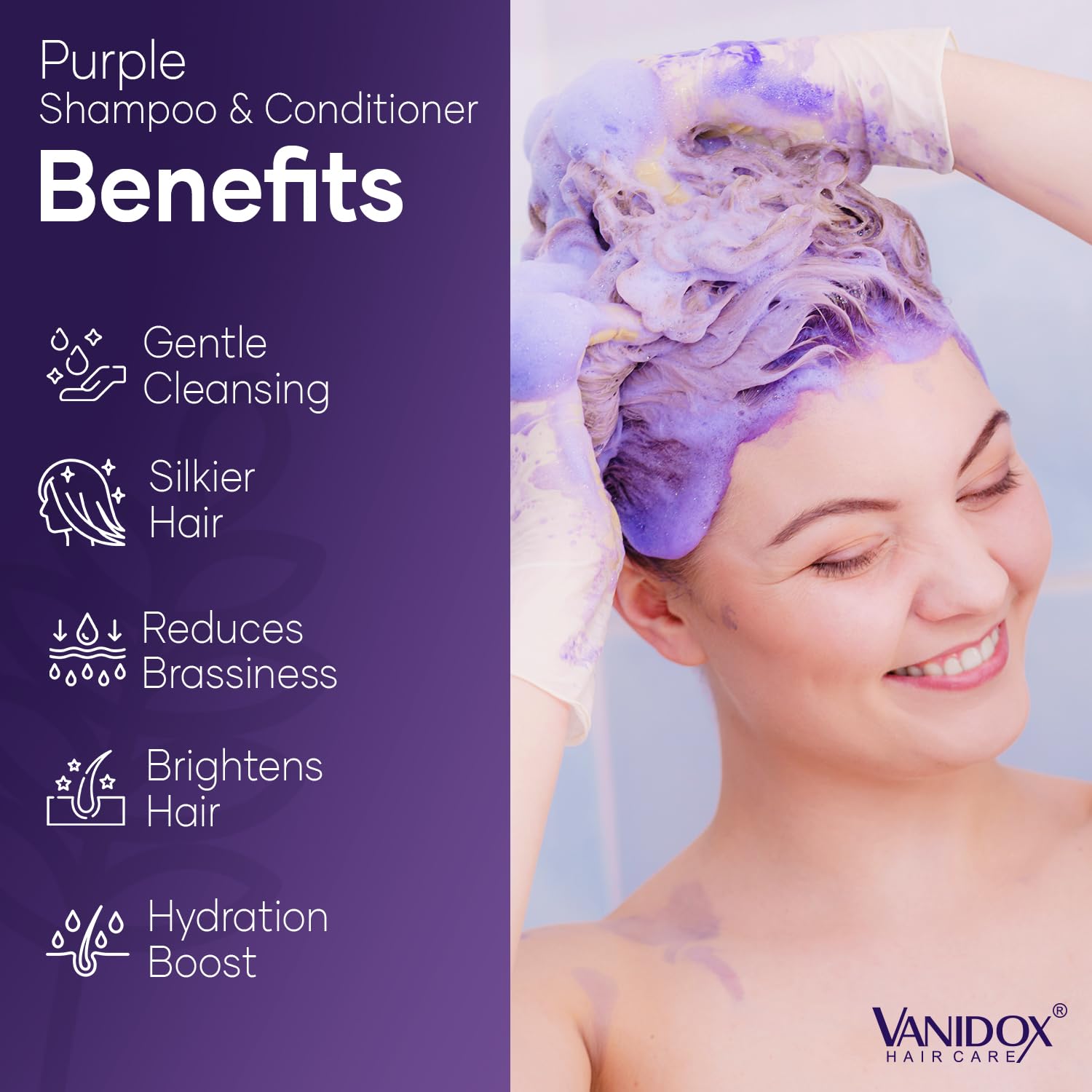 VANIDOX Sulfate Free Purple Shampoo and Conditioner Set for Grey and Silver Hair, Brass Toning with Infused Purple Pigment, for Women (16 fl oz each)