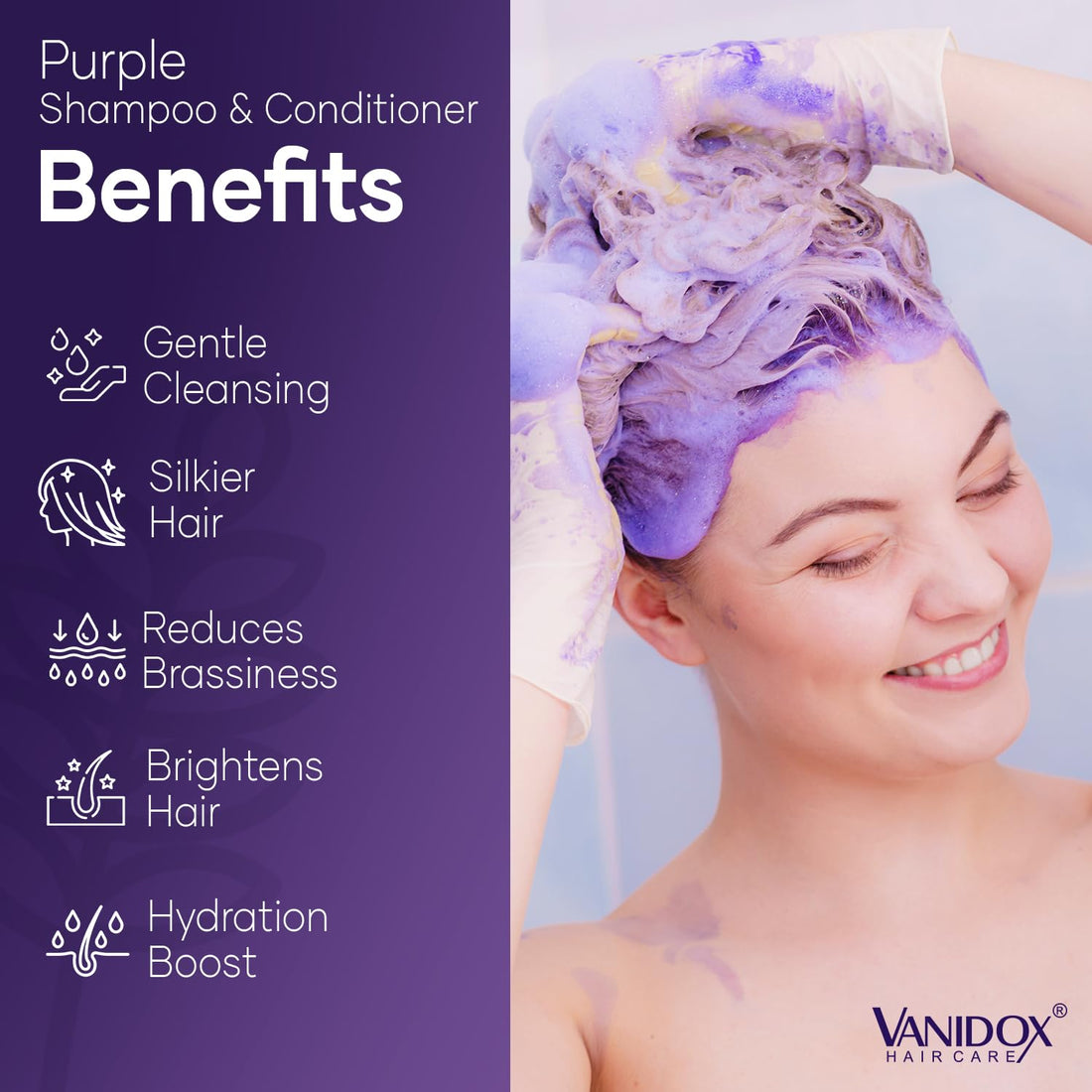 VANIDOX Sulfate Free Purple Shampoo and Conditioner Set for Grey and Silver Hair, Brass Toning with Infused Purple Pigment, for Women (16 fl oz each)