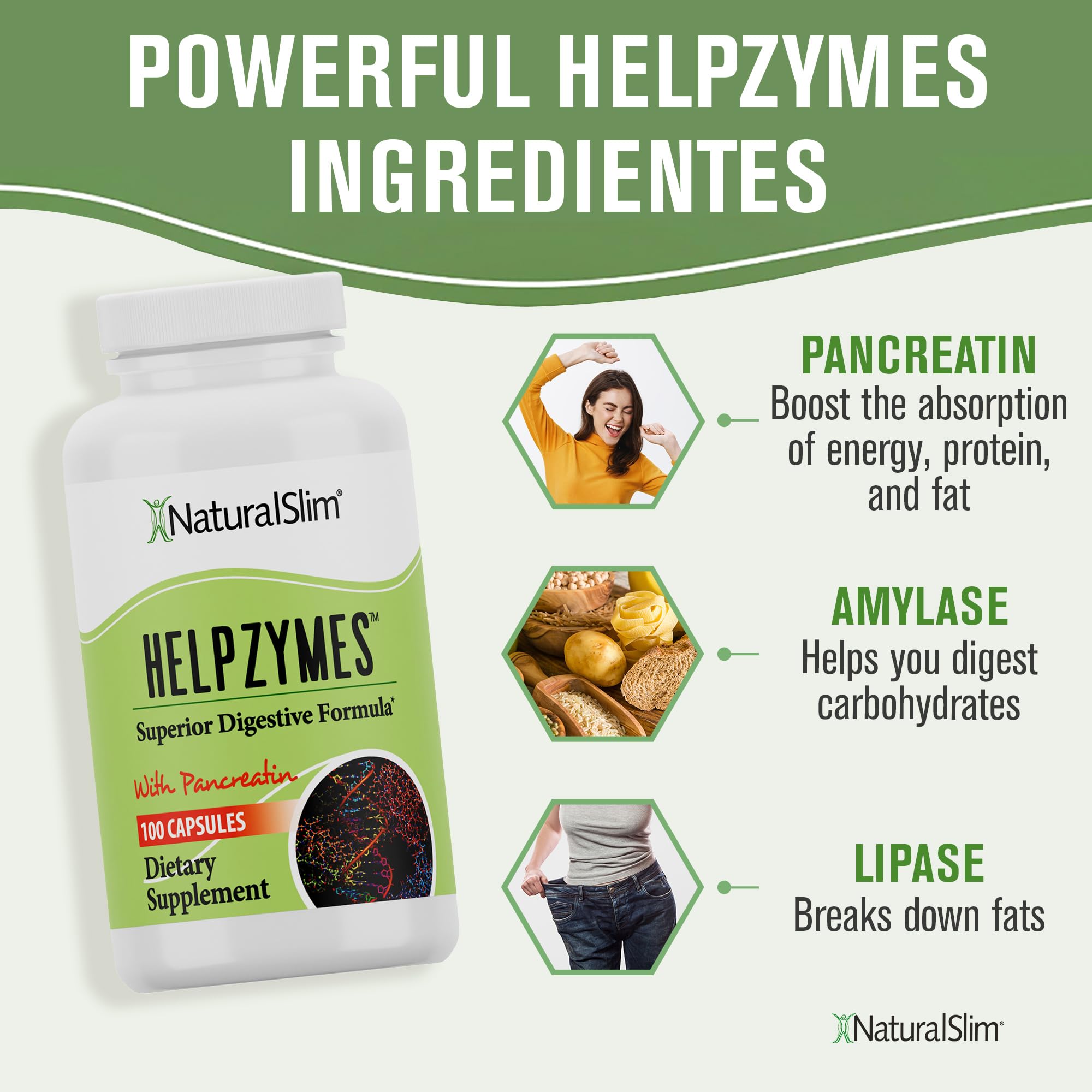 NaturalSlim Digestive Enzymes for Women & Men - Helpzymes Essential Enzymes for Digestion, Gut Health, Gas Bloating Relief with Bromelain, Ox Bile, Pancreatin. & Betaine HCL - 100 Capsules Solo