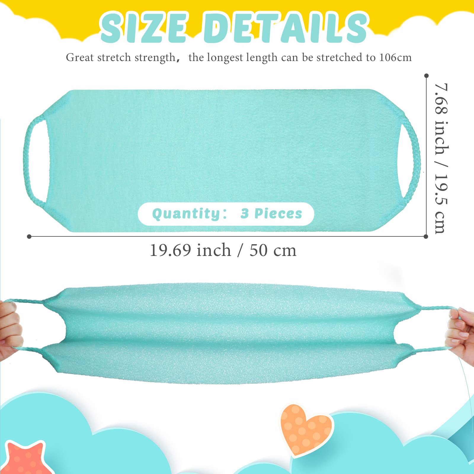 3 Pack Exfoliating Back Scrubber with Handles Exfoliating Washcloth Nylon Extended Length Body Exfoliator Brush Stretchable Pull Strap Back Washer for Shower Long Bath (Pink, Blue, Yellow)
