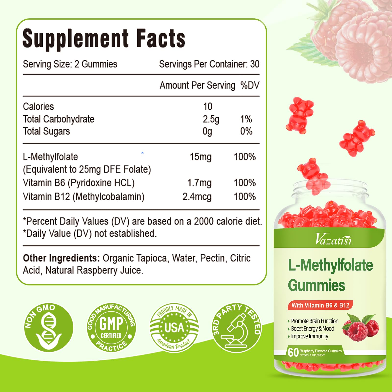 Vazatisi L-Methylfolate 15 mg Gummies with Methyl B12, Folate Supplement for Mood, Brain Health, Immune Support, Raspberry Flavor, 120 Count