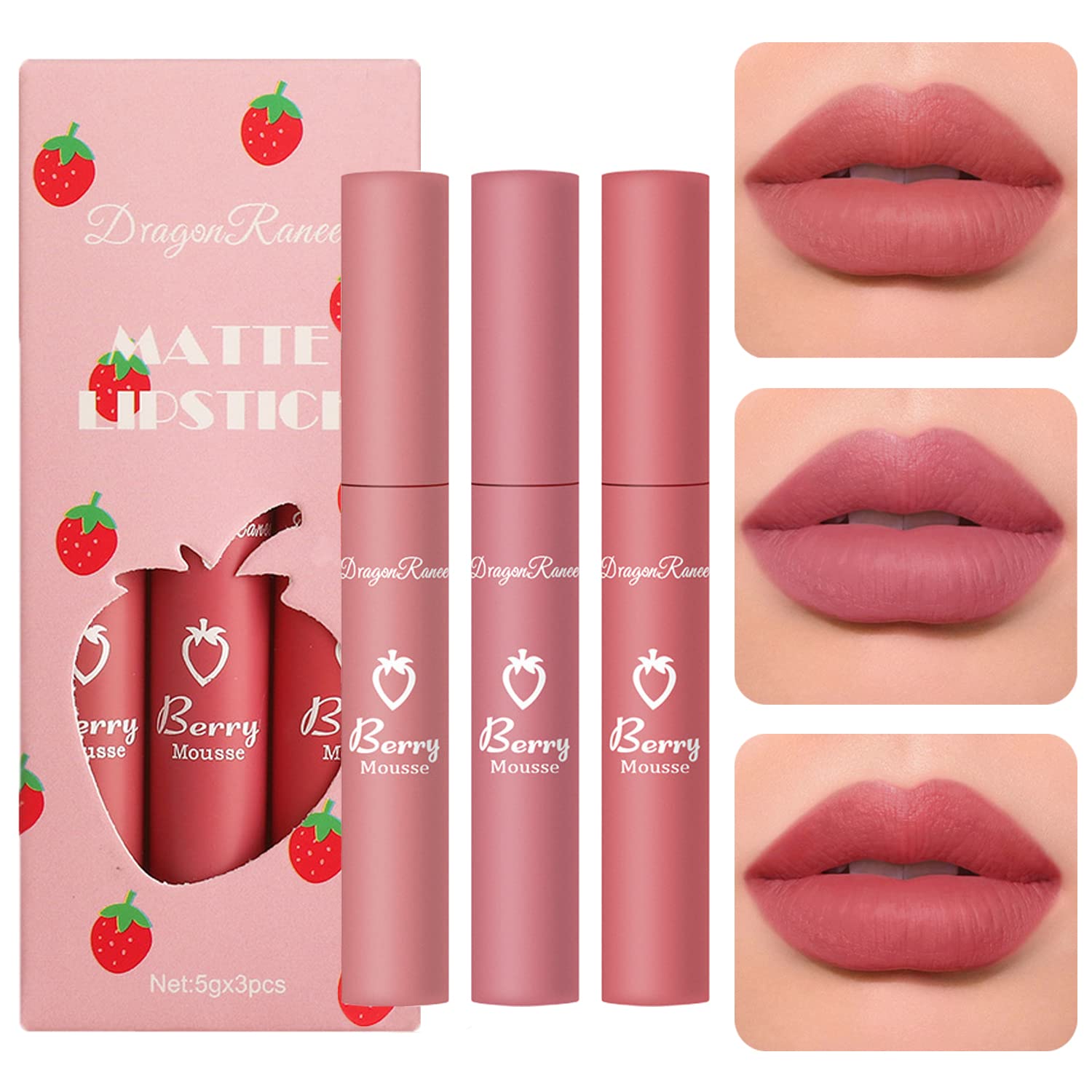 3 Piece Matte Lipstick Set - Natural Nude Velvet, Moisture Smooth Crayon, 24hr Waterproof Lip Gloss for Women