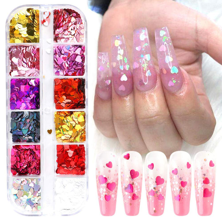 Valentine Heart Nail Glitters Sequins Heart Nail Decals 12Colors Heart Nail Art Confetti 3D Holographic Shiny Nail Flakes Acrylic Valentine's Day Nail Art Supplies Nail Art Decorations Accessories