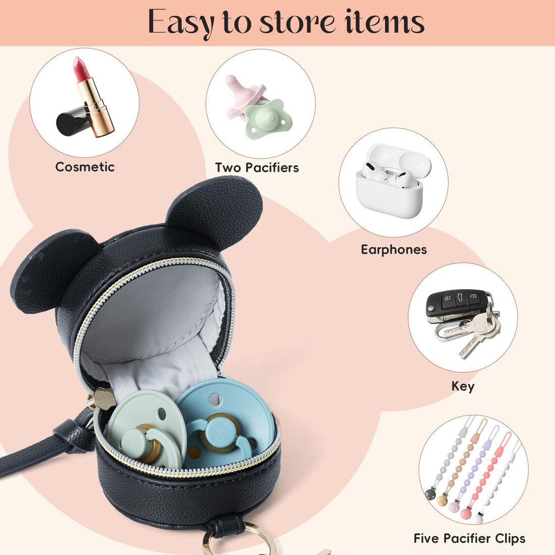 miss fong Pacifier Holder Case with Clip, Pacifier Pouch Cover, Pacifier Charm Pod with Clasp Attach to The Strollers & Diaper Bags, Hold 2 Pacifier or Nipple Shield(Diamond Black)