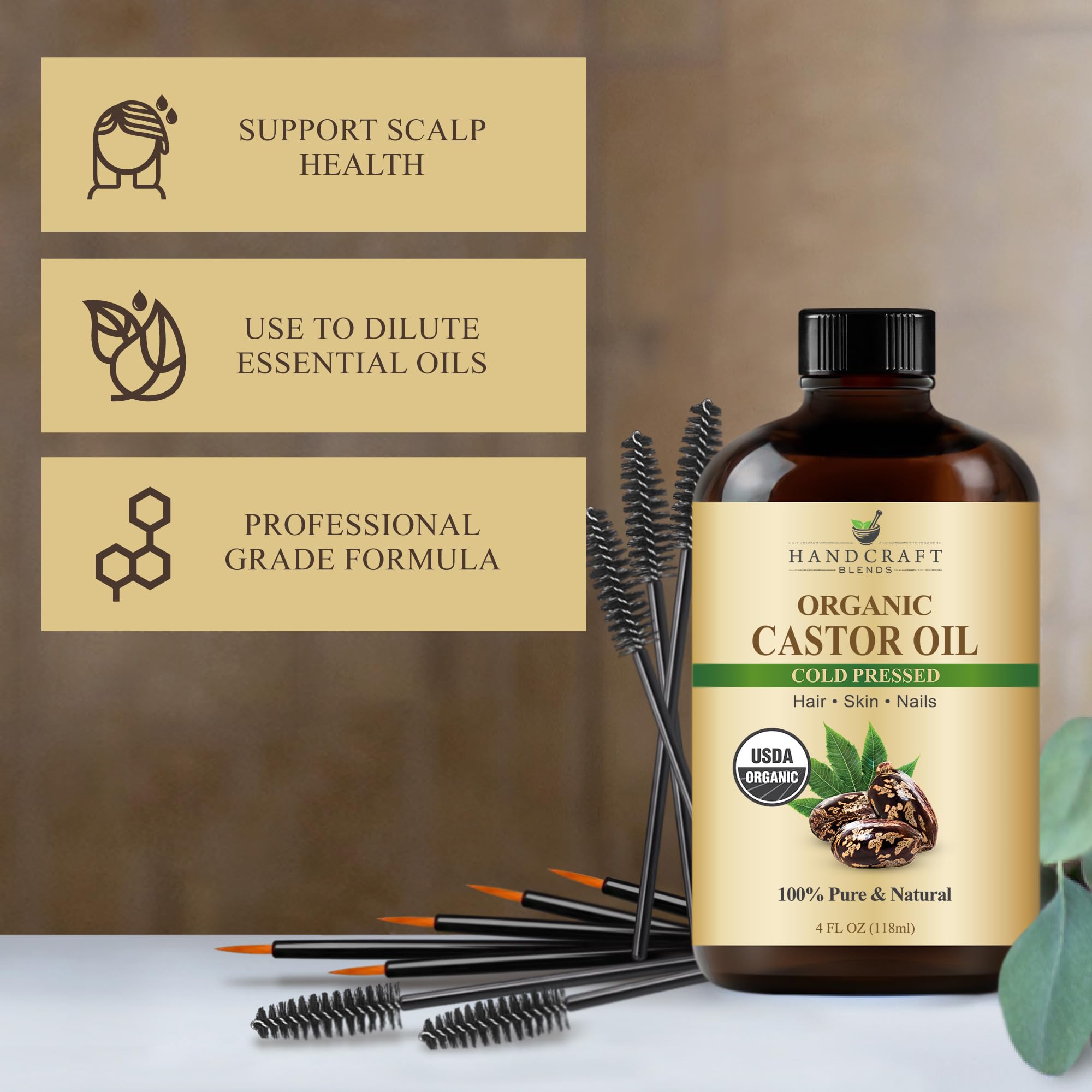 Handcraft Blends Cold-Pressed Organic Castor Oil in Glass Bottle with Lash Brushes - 4 Fl Oz - 100% Pure and Natural - Premium Grade Carrier Oil for Hair Growth, Eyelashes and Eyebrows - Hair and Body