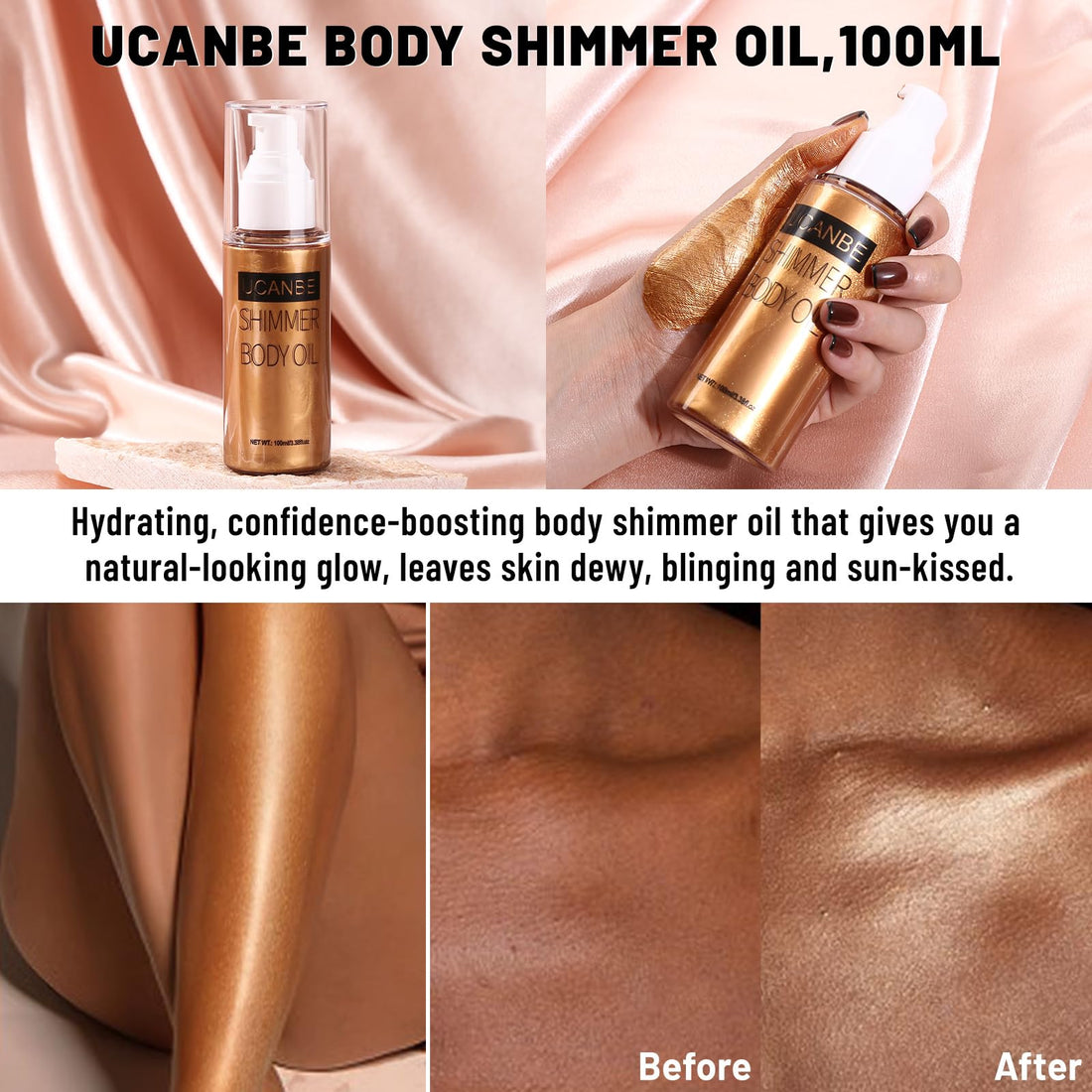 UCANBE Body Shimmer Oil - 100ml Moisturizing Glitter Oil, Waterproof Shimmering Luminizer Liquid Illuminator, Tinted Glow Bronzer (Bronze Gold)