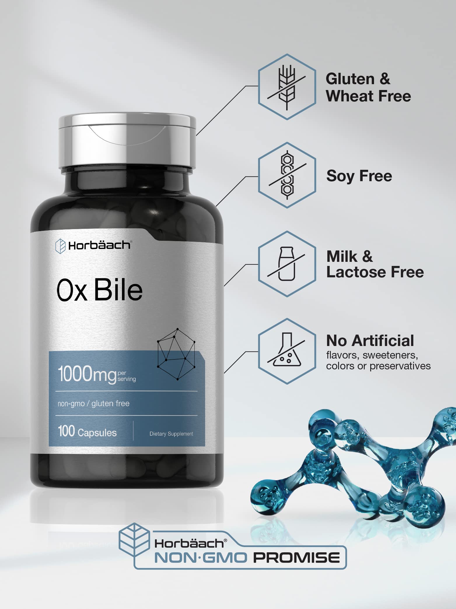 Horbäach Ox Bile Supplement | 1000mg | 100 Capsules | Digestive Enzymes Supplement | Non-GMO & Gluten Free