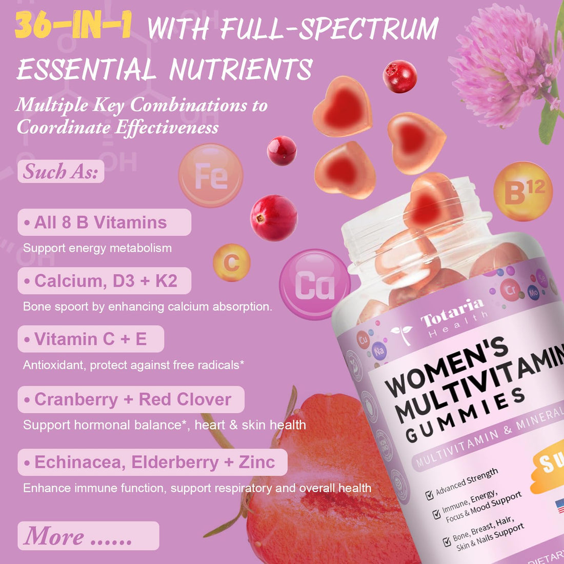 Totaria Sugar Free Multivitamin Gummies for Women 14+ w/Inositol, Iron, Folate, Biotin, Womens Daily Multivitamin Gummy w/Vitamin A, D, C, B, Support Hair, Skin, Energy, Immune, Strawberry Flavor