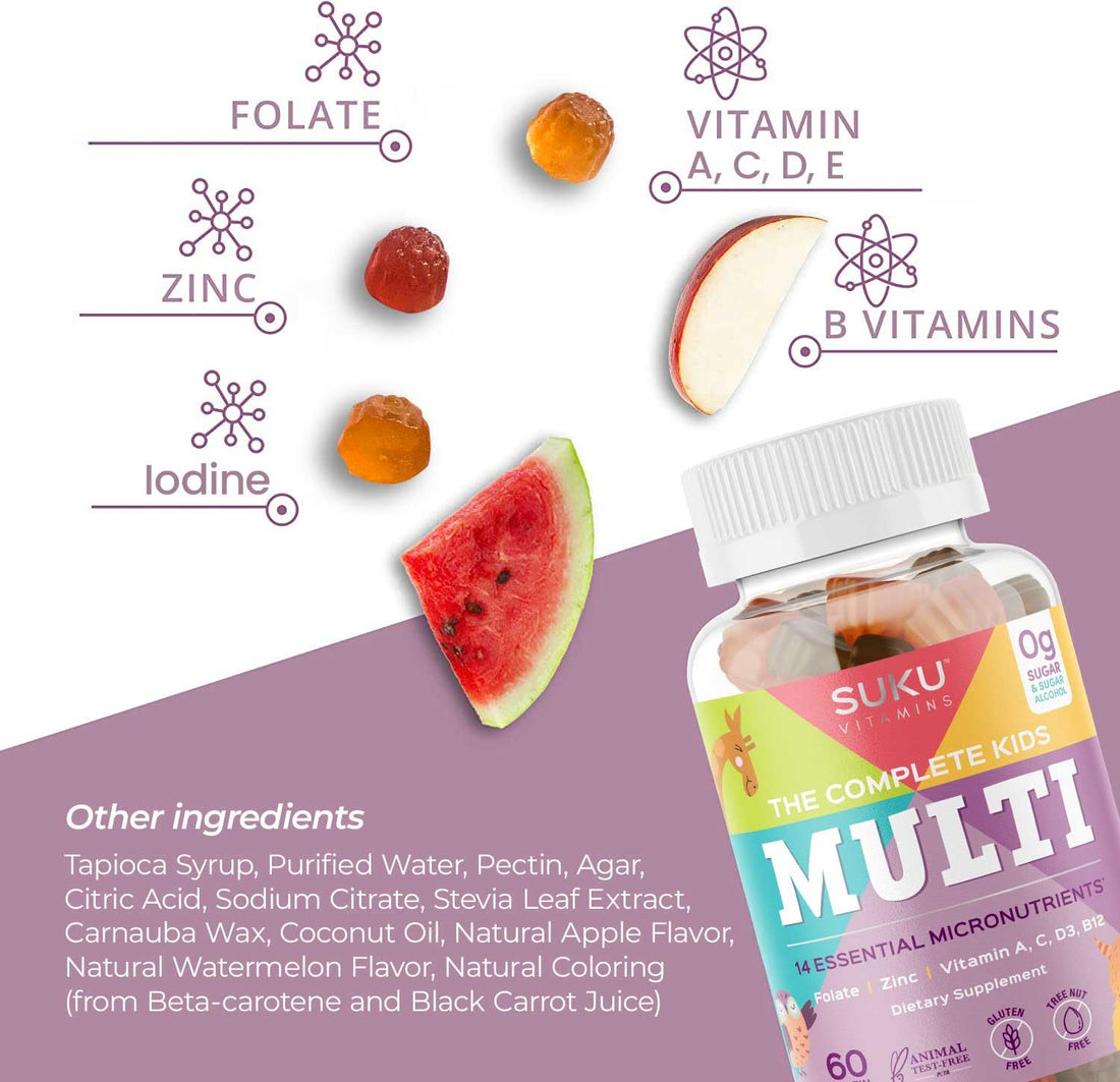 SUKU Vitamins - The Complete Kids Multi - Vitamin A, Folate, Zinc Gummies for Immunity Support -Easy to Chew- NonGMO, Allergen Gluten Sugar Free - Tropical Bonanza Flavored Gummy Vitamins - 60 Count