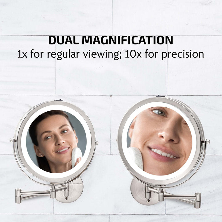 OVENTE 9 Lighted Wall Mount Makeup Mirror with 1X/10X Magnification, Cordless Double Sided Magnifying Round Vanity Mirror, 360° Swivel Design, Extendable and Folding Arm, Nickel Brushed MFW85BR1X10X