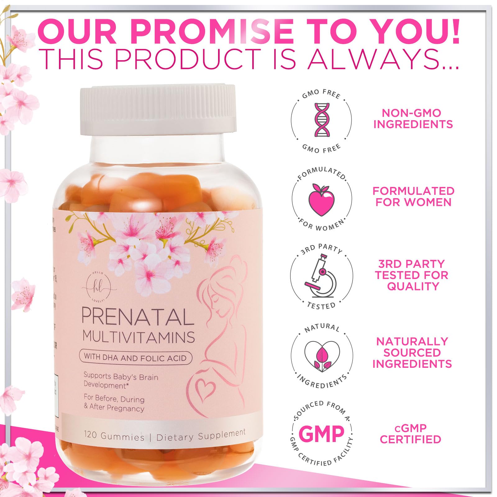 Prenatal Vitamins for Women with Folic Acid + DHA for Pregnancy & Fetal Support, Prenatal Multivitamin Gummy with Folate, Choline, Vitamin B6, B12, C & D3, Non-GMO, Prenatals for Women - 120 Gummies