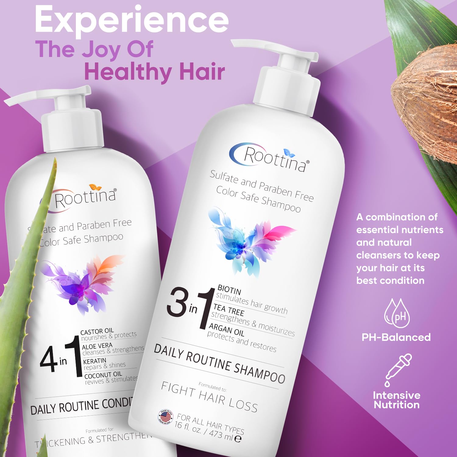 Thickening Roottina Daily Routine Shampoo and Conditioner for Women Hair Loss with DHT Blocker, Formulated for Thinning Hair & Hair Growth Support, Made in USA, Infused with natural Oils (16 oz x 2)