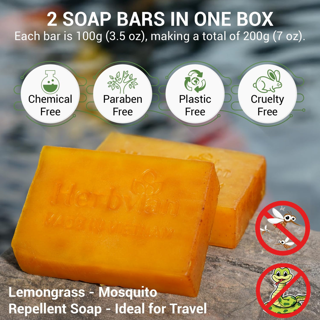 Herbvian 100% Natural Turmeric Soap Bar for Face and Body, Warmth Lemongrass Mosquito Repellent Soap, Vietnamese Back Acne Bath Body Soap, Anti-Acne Cleansing Healthy for All Type Skins (Pack 2)